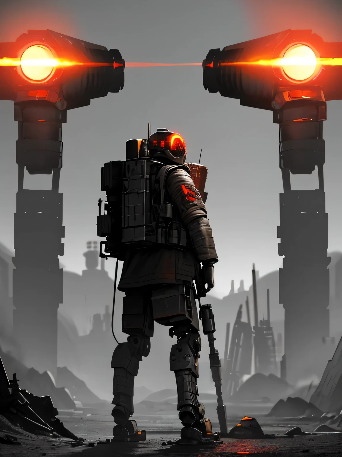 very detailed, heavy mechanized warrior, ((three 3 mechanical legs)), red glowing eyes, containment helmet with emptiness inside, machine gun, directional missile launcher, heavy backpack with rocket launcher, against the background of a bunker, dark wastes, brown hopeless wasteland, Gray color palette