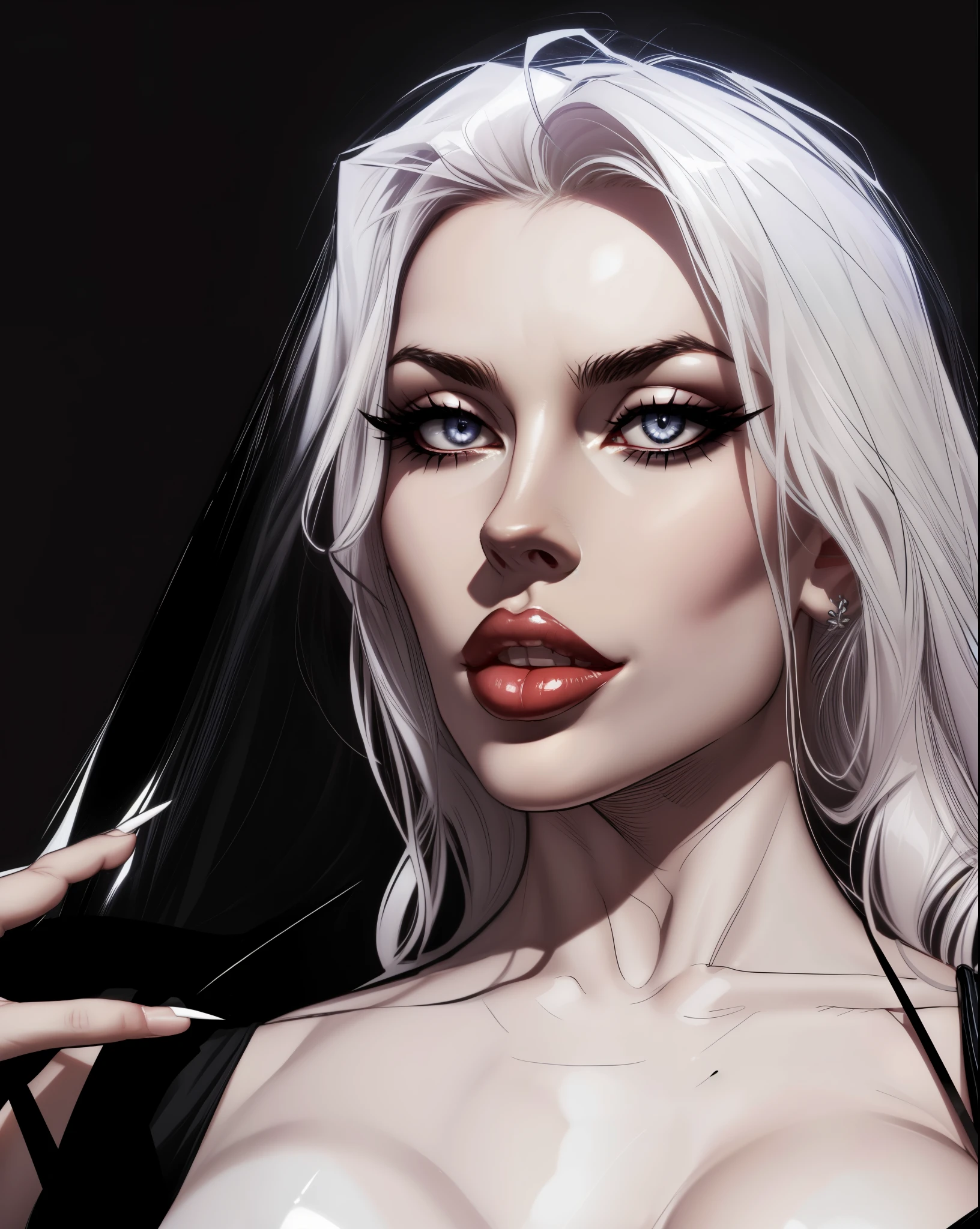 ((emmanorts)) as Lady Death, beautifully detailed eyes,beautiful detailed lips,long black hair,perfect skin,curvy figure,intense gaze,seductive expression,soft lighting,fine details, perfect hand, a fist, perfect anatomy, perfect arms,