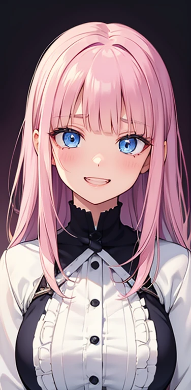 Realistic、1girl、fluorescence　pink hair、blue eyes、(eye focus:1.3,face focus:1.3,upper body:1.5),(gradient eyes:1.3),(blouse)、open mouth,(grin:1.3),blunt bangs、cute face,portrait,