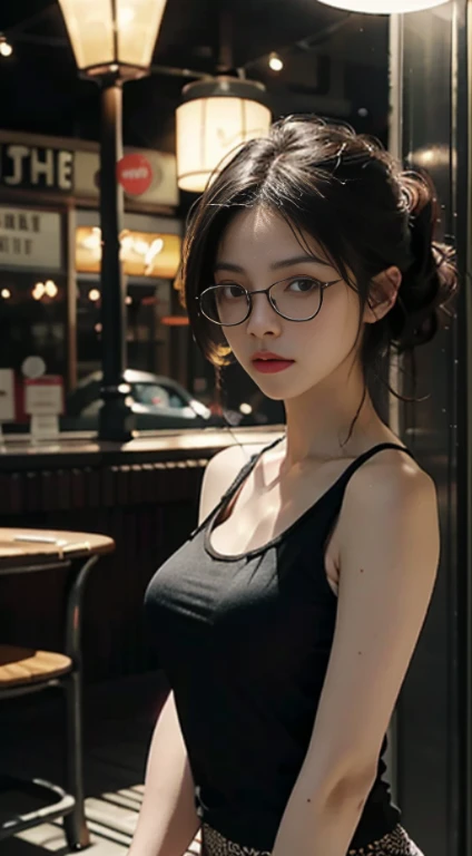 Best Quality, Masterpiece, Ultra High Resolution, (Realisticity: 1.4), Original Photo, 1girl, Cinematic Lighting, glasses, ((black tanktop))