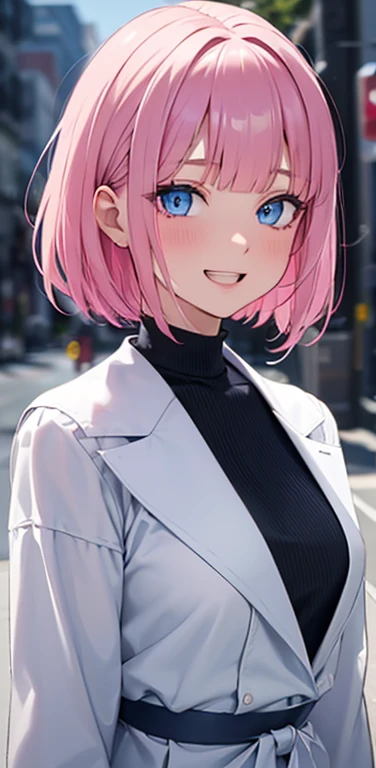 Realistic、1girl、fluorescence　pink hair、blue eyes、(eye focus:1.3,face focus:1.3,upper body:1.5),(gradient eyes:1.3),(blouse)、open mouth,(grin:1.3),blunt bangs、cute face,portrait,