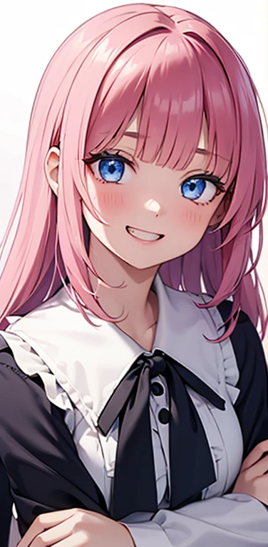 Realistic、1girl、fluorescence　pink hair、blue eyes、(eye focus:1.3,face focus:1.3,upper body:1.5),(gradient eyes:1.3),(blouse)、open mouth,(grin:1.3),blunt bangs、cute face,portrait,