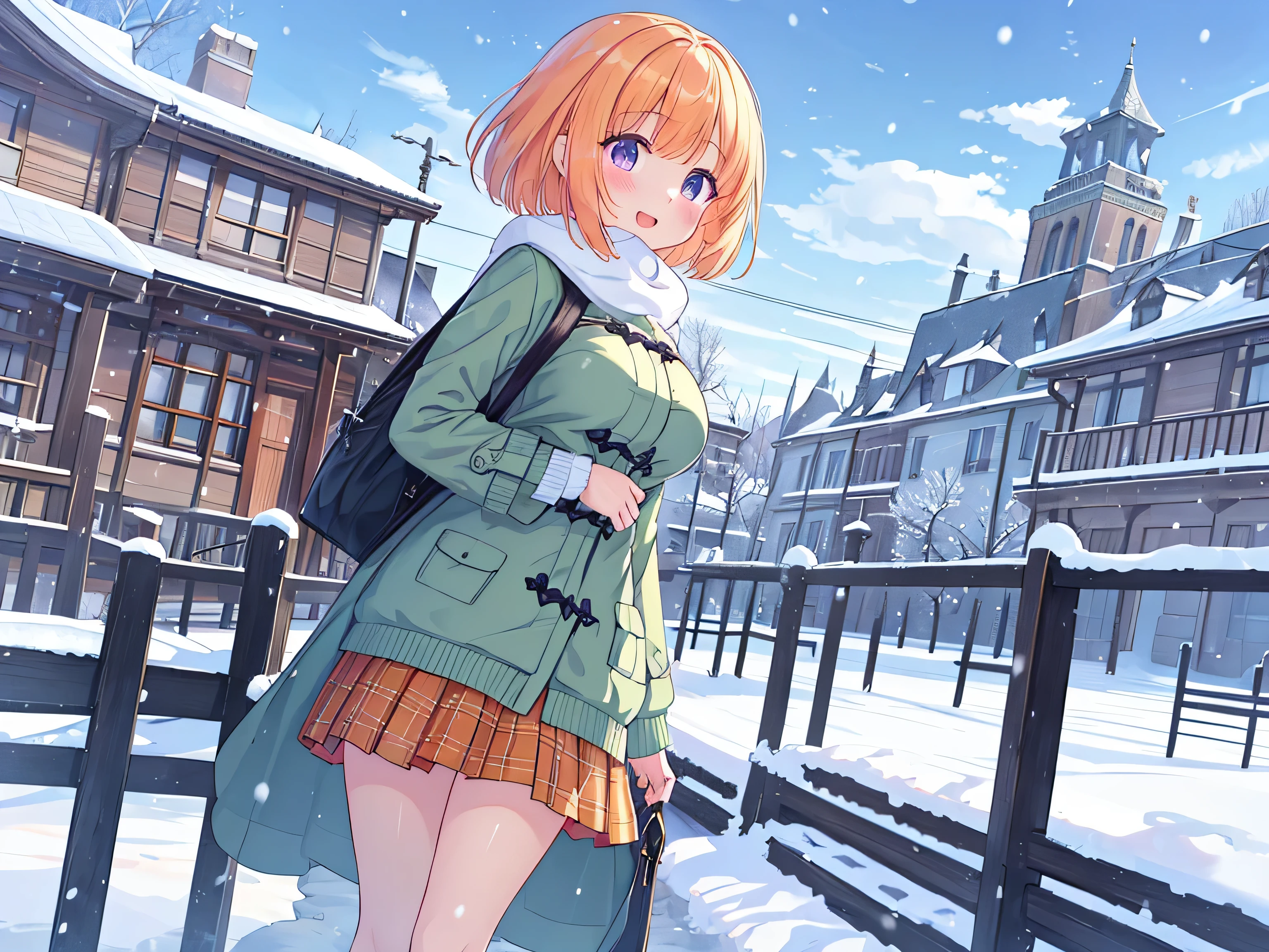 {{{one girl with seven heads}}}, beautiful detailed girl, game CG, spring blossoms, short bob hair, pastel orange hair, purple eyes, stylish accessories, alone, Breast augmentation, medium shoot, woman, big breasts,{{{{{Orange Plaid Skirt}}}}}, Stylish bag, {{{{{Wearing a green coat}}}}}, milky white muffler, beautiful and detailed eyes, highest quality, super delicate, highest quality, official art、highest quality、unity 8k wallpaper、32K、masterpiece、Super detailed, blue sky visible in the distance, Asahi, fantasy background,A city full of snow and light, traditional architecture, Multiple three-dimensional clouds in the distance, cute smile, open your mouth, Event still images, anime style girl, bridge, snow scene, Put your hand in front of your mouth, warm big coat, visible breath, catch a white breath, soft, Anime style like watercolor painting, white and blue, snow day, walk, eye highlights, 