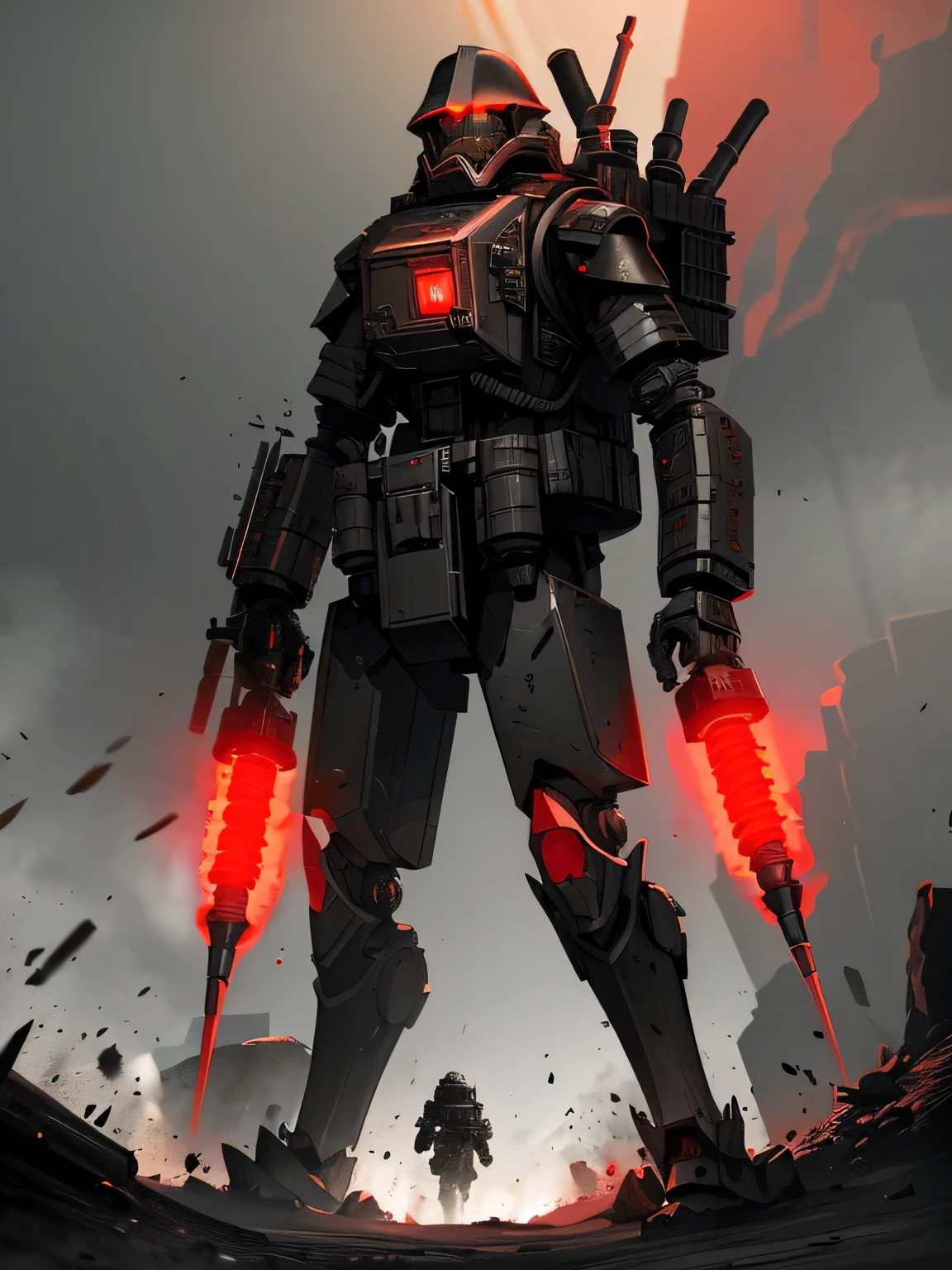 ((Dark Fantasy)), very detailed, heavy mechanized warrior, ((three 3 mechanical legs)), red glowing eyes, containment helmet with emptiness inside, machine gun, directional missile launcher, heavy backpack with rocket launcher, against the background of a bunker, dark wastes, brown hopeless wasteland, Gray color palette