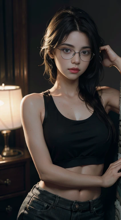 Best Quality, Masterpiece, Ultra High Resolution, (Realisticity: 1.4), Original Photo, 1girl, Cinematic Lighting, glasses, ((black tanktop))