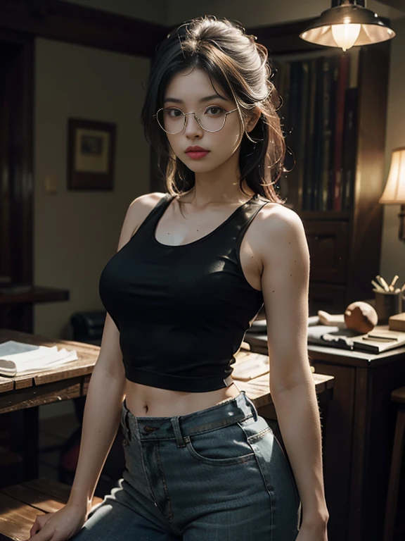 Best Quality, Masterpiece, Ultra High Resolution, (Realisticity: 1.4), Original Photo, 1girl, Cinematic Lighting, glasses, ((black tanktop))