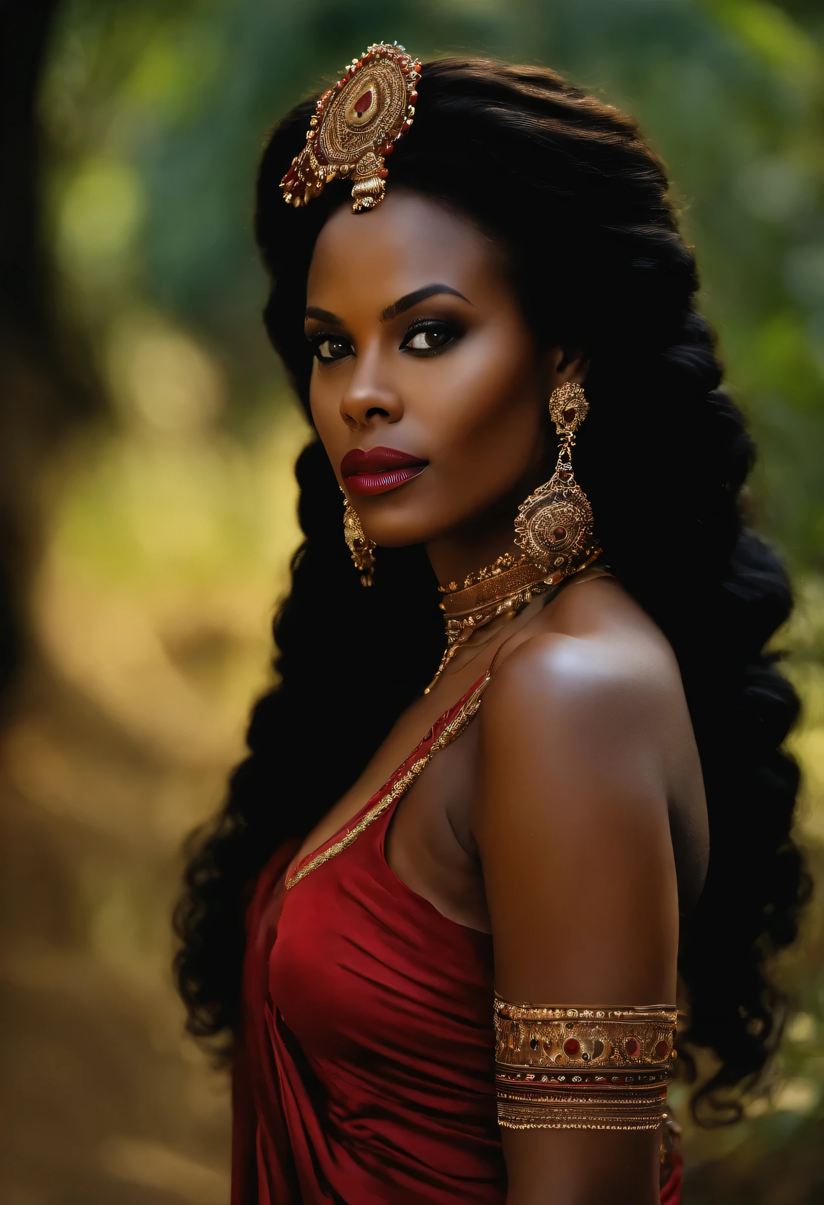 Mulher bonital,negra com cabelos longos e ondulados ao lado de sua pantera negra Bagheera na selva, painting by Ramón Silva, vencedor do concurso pexels, sumatraism, foto altamente realista, foto de corpo inteiro, illustration, Luz de filme, realista, Mais alta qualidade, super detalhado, melhor qualidade, obra de arte, (rosto detalhado), sexy, alta, madura,vestido feito de conchas do mar vermelha prateadas acorrentadas,