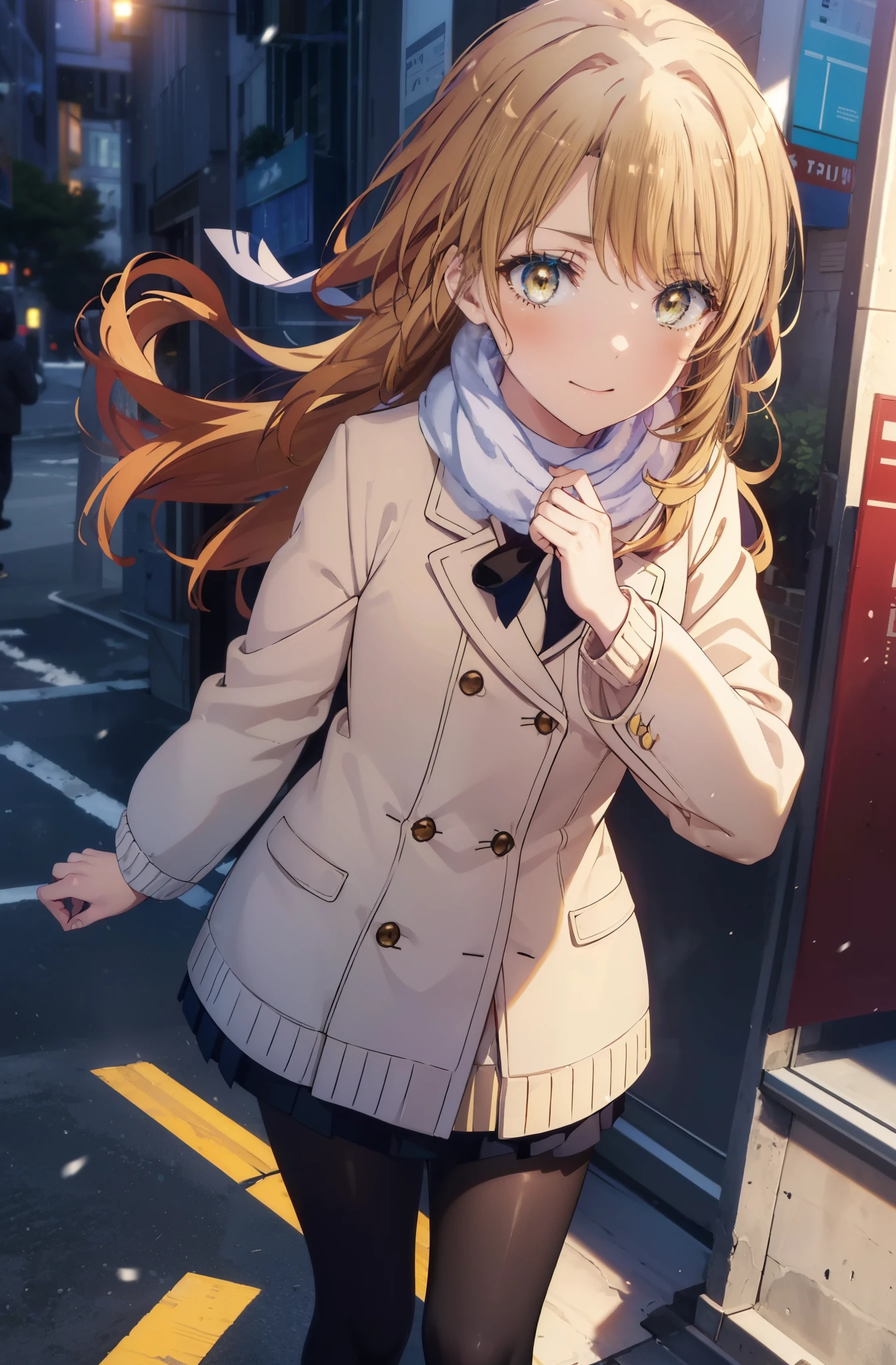 irohaisshiki, Isshiki Iroha, long hair, brown hair, (brown eyes:1.5), smile,blush,yellow long coat,sweater,red muffler,long skirt,black pantyhose,brown boots,winter,It's snowing,whole body,peek from above,
break outdoors, city,building street,
break (masterpiece:1.2), highest quality, High resolution, unity 8k wallpaper, (shape:0.8), (beautiful and detailed eyes:1.6), highly detailed face, perfect lighting, Very detailed CG, (perfect hands, perfect anatomy),