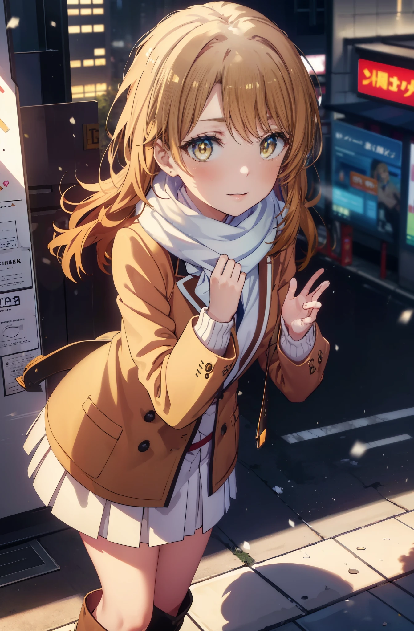 irohaisshiki, Isshiki Iroha, long hair, brown hair, (brown eyes:1.5), smile,blush,yellow long coat,sweater,red muffler,long skirt,black pantyhose,brown boots,winter,It&#39;s snowing,whole body,peek from above,
break outdoors, city,building street,
break (masterpiece:1.2), highest quality, High resolution, unity 8k wallpaper, (shape:0.8), (beautiful and detailed eyes:1.6), highly detailed face, perfect lighting, Very detailed CG, (perfect hands, perfect anatomy),