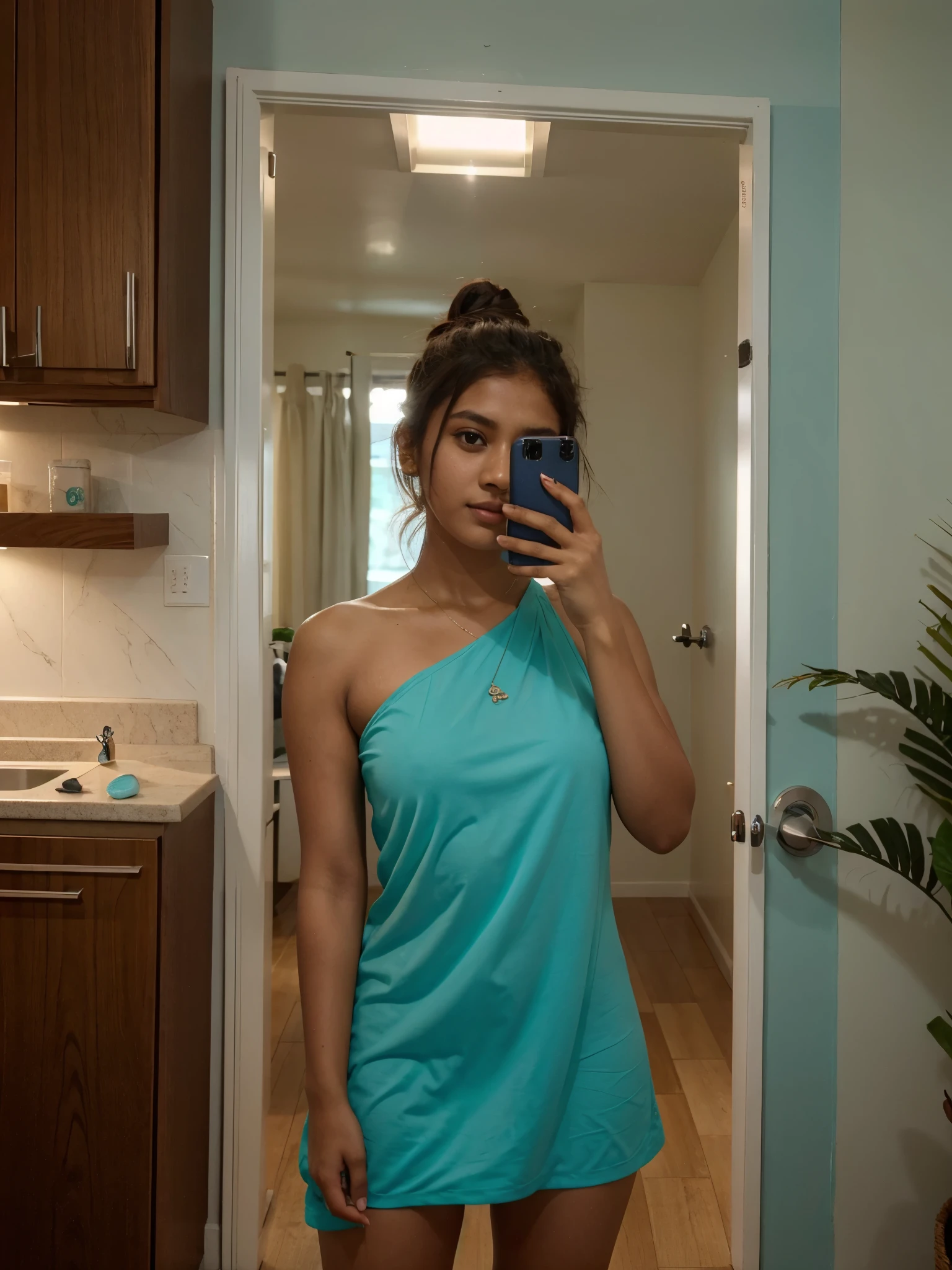 Close-up shot, Instagram photo of a 22-year-old Sri Lankan woman named Kasuni, (messy bun hair), fair skin, detailed hands, at night in a turquoise dress in her luxury apartment, p_m_s, taking a selfie, selfie, phone, holding a phone, take selfie with phone covering face, natural light, realistic, photorealistic, selfie pose, Realism,selfie