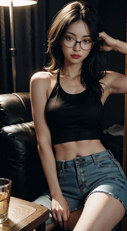 Best Quality, Masterpiece, Ultra High Resolution, (Realisticity: 1.4), Original Photo, 1girl, Cinematic Lighting, glasses, ((black tanktop))