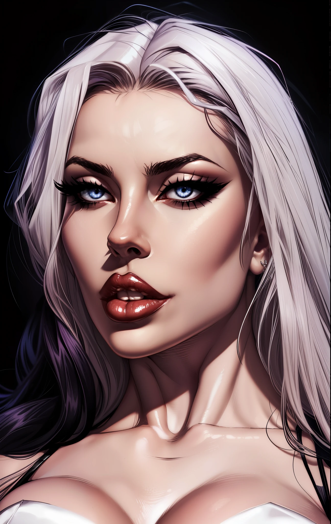 ((emmanorts)) as Lady Death, beautifully detailed eyes,beautiful detailed lips,long black hair,perfect skin,curvy figure,intense gaze,seductive expression,soft lighting,fine details, perfect hand, a fist, perfect anatomy, perfect arms,