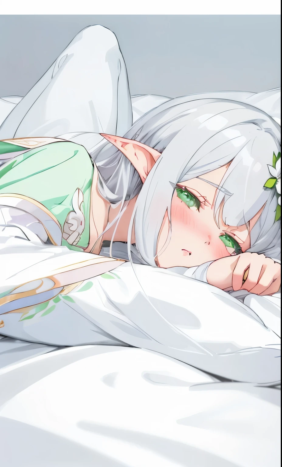 Silver hair lying on the bed,Anime girl in white dress, elf girl, soft anime illustration, She has elf ears and green eyes, Ethereal animation, Clean and detailed anime art, by Shitao, Anime visual of a cute girl, elf girl wearing an flower suit, beautiful anime girl, Beautiful anime artwork, anime illustration, Beautiful anime art style, Beautiful fantasy anime,delicate pupils,long eyelashes,Doudumei,round face
