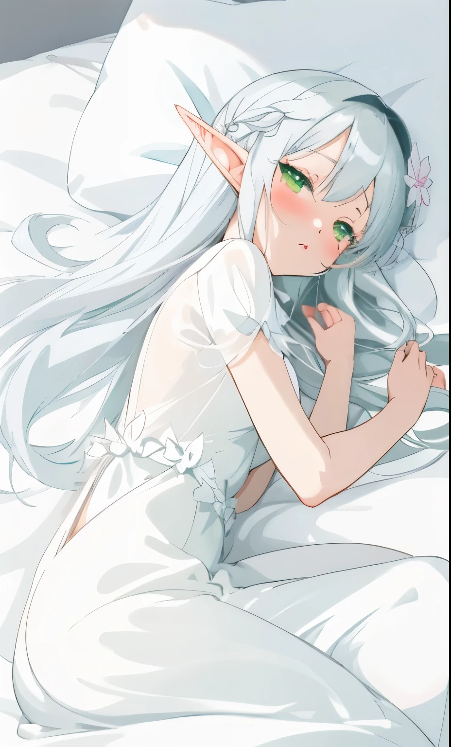 Silver hair lying on the bed,Anime girl in white dress, elf girl, soft anime illustration, She has elf ears and green eyes, Ethereal animation, Clean and detailed anime art, by Shitao, Anime visual of a cute girl, elf girl wearing an flower suit, beautiful anime girl, Beautiful anime artwork, anime illustration, Beautiful anime art style, Beautiful fantasy anime,delicate pupils,long eyelashes,Doudumei,round face