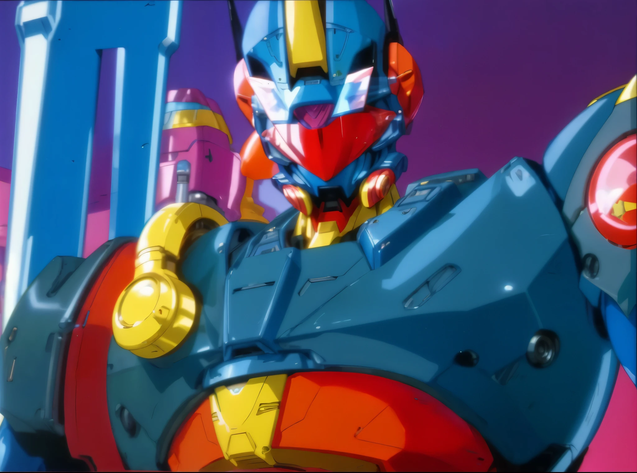 cartoon of a robot in a blue suit and red helmet, vhs screencap, early 90s cg, 80s anime ova style, an retro anime image, movie still of robot Jammerz, video game cutscene, scarab reploid, bubblegum crisis, getter robo, raypunk, The Bots Master, anime robotic mixed with organic
