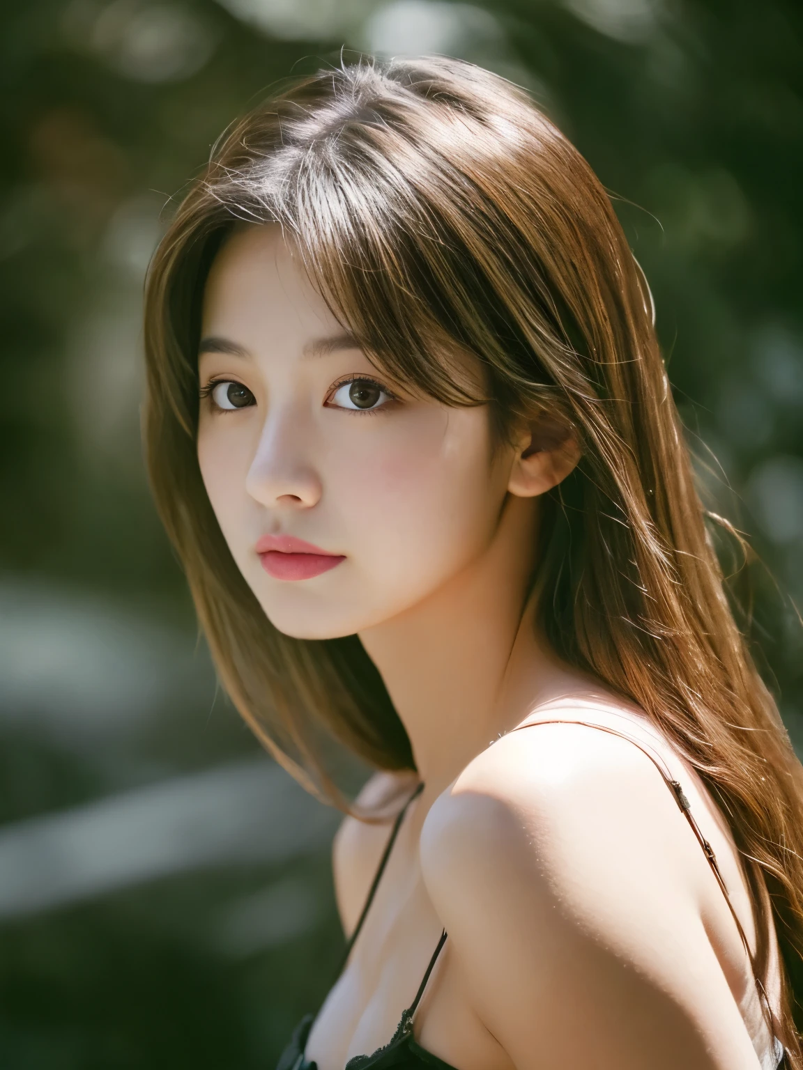 highest quality, masterpiece, ultra high resolution, (realistic:1.5), RAW photo, 1 girl, off shoulder, in the dark, deep shadow, discreet key, cold light, sexy look, brown hair、long hair、light waves、smaller bust