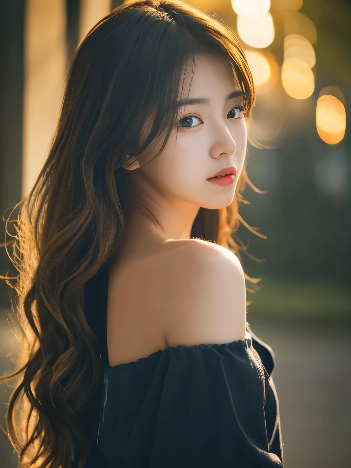 highest quality, masterpiece, ultra high resolution, (realistic:1.5), RAW photo, 1 girl, off shoulder, in the dark, deep shadow, discreet key, cold light, sexy look, brown hair、long hair、light waves、smaller bust