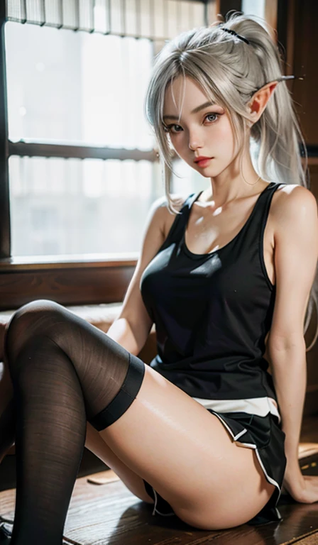 （Extremely normal body）Japanese-style town：1 Elf beauty，(Elf long ears)，Short silver-white hair，Half-tied ponytail。Uniform for female high school students)，(black tank top)，Stretch your feet，Black short stockings，Black socks, Black socks，Translucent black socks，Jade foot ， very detailed eyes and faces， Sharp pupils， realistic pupil， tack sharp focus，full bodyesbian，Bigboobs，long leges，dynamicposes，Normal posture，closeup of face