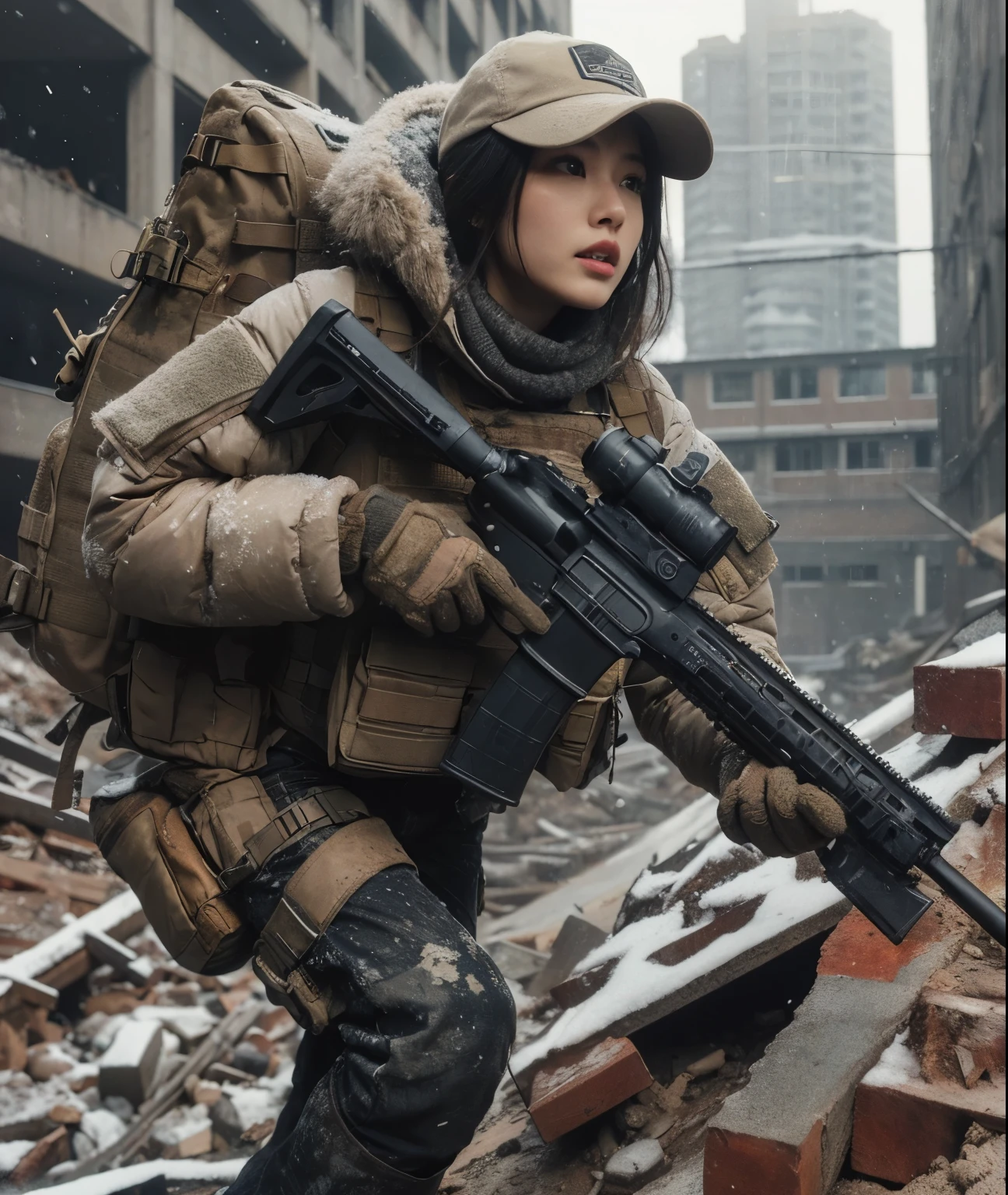 photorealistic、realistic skin texture、A beautiful Japanese woman belonging to the American military is in a city of winter rubble.、alley、old brick building、I&#39;m on guard、Backpack、tactical puffer jacket、baseball cap、automatic rifle、bulletproof vest、It's snowing、moving action pose、muddy boots