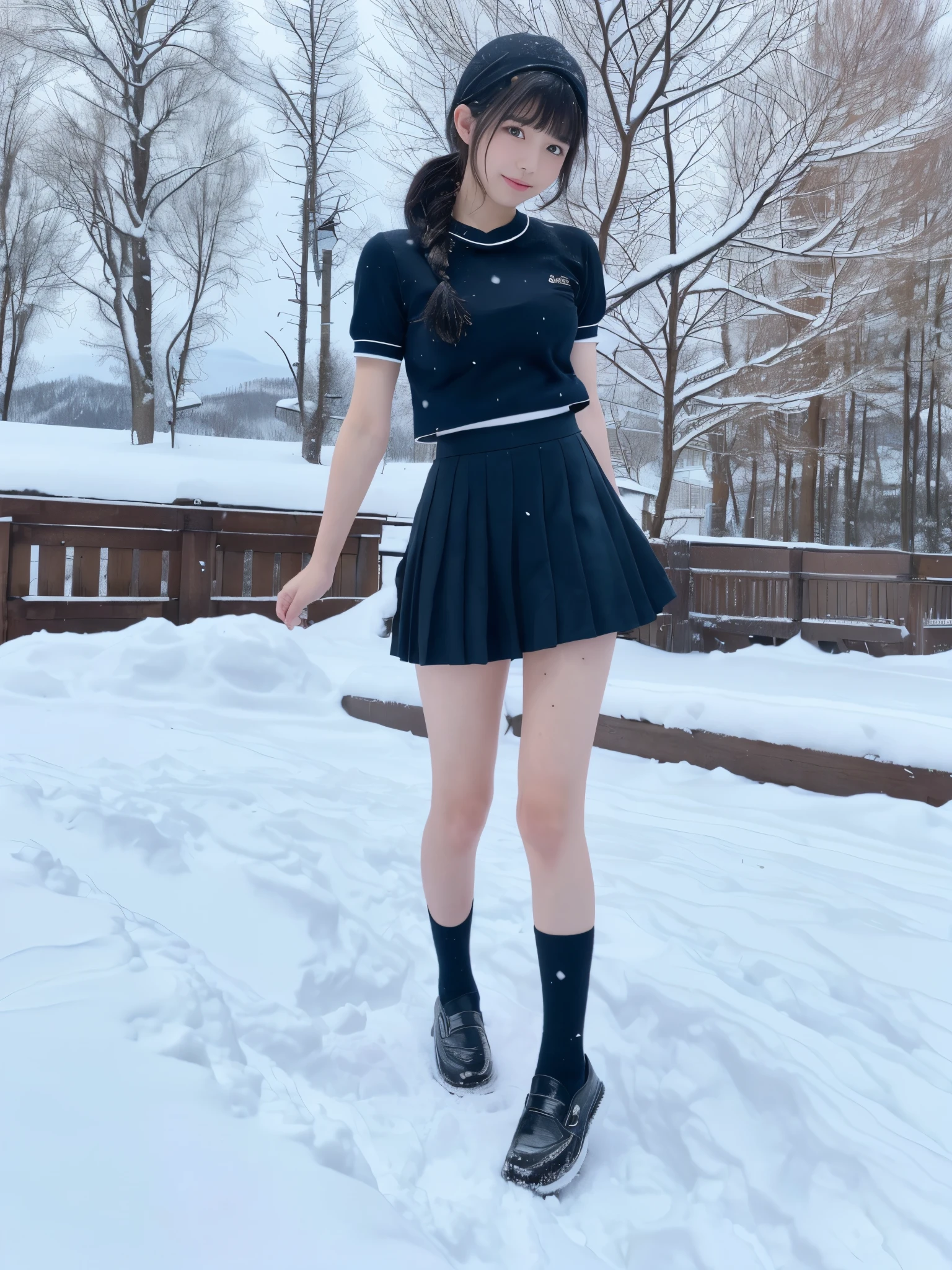 (in 8K、RAW Photos、top-quality、masterpiece:1.2), (realisitic、Photorealsitic:1.37), ultra-detailliert, high resolution, 1girl in, a closeup, Raw feet, A dark-haired, black eyes, japanese, color contact lens, (beautiful legs:1.3), (slender girl:1.4), a beauty girl, (Thin legs:1.3), a sailor suit, , high-school girl, JK, Ultra mini skirt, Dark blue pleated skirt, Short socks, Tri-fold socks, white sock, (short sleeves:1.3), (black loafers shoes:1.3), Full body, (standing:1.2), (heavy snowing:1.1), (deep snow:1.1)