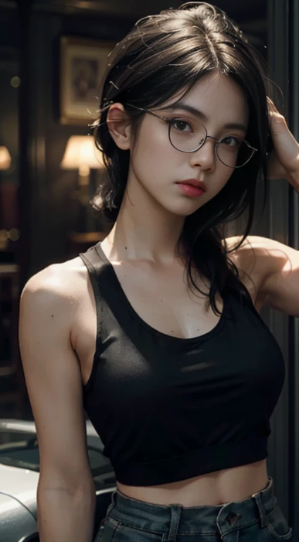 Best Quality, Masterpiece, Ultra High Resolution, (Realisticity: 1.4), Original Photo, 1girl,  Cinematic Lighting, glasses, ((black tanktop))