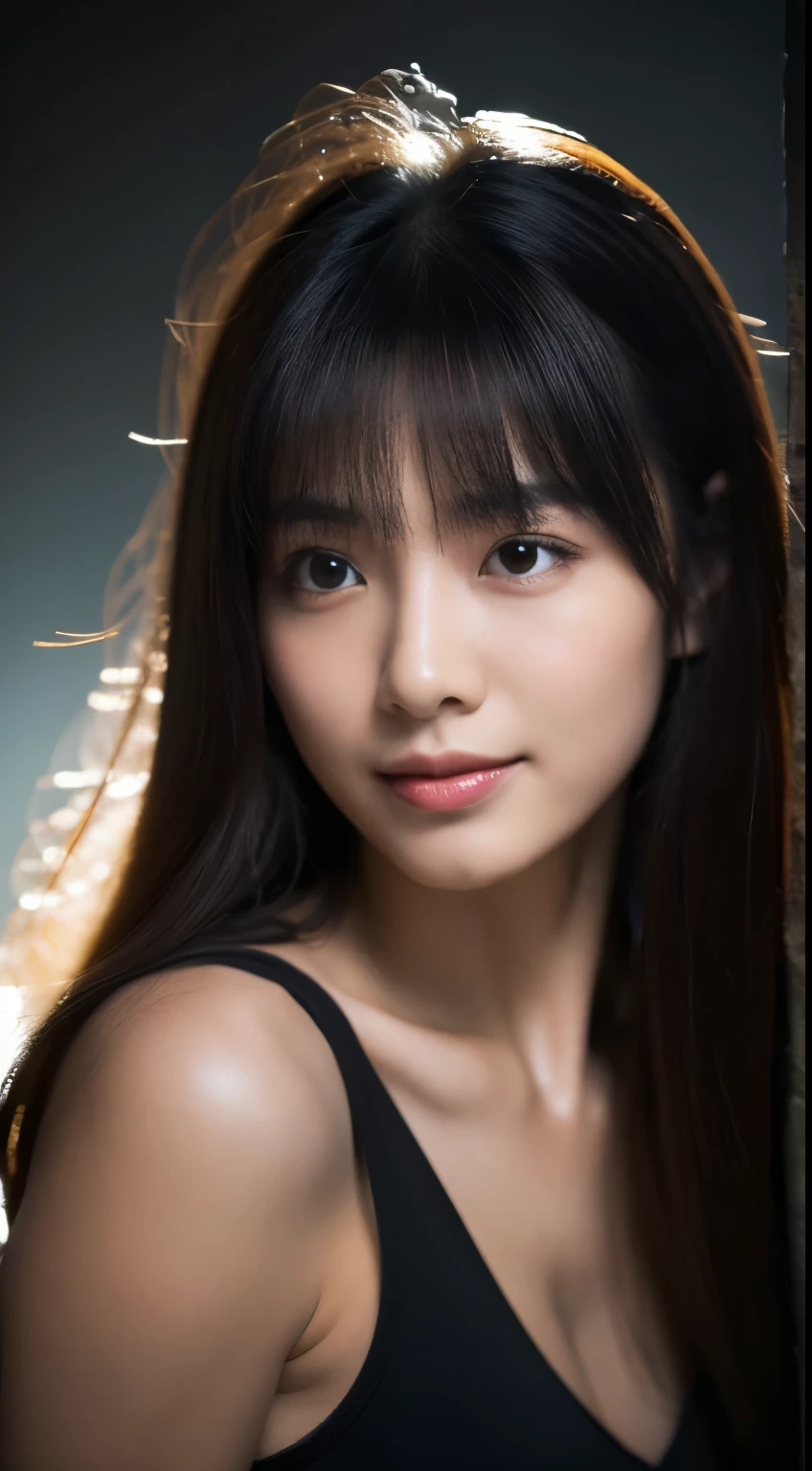 Highest quality, Realistic epic, ((in the pitch black darkness :1.4)), ((Portrait:1.5)),(background: dark ) high contrast ,glorious picture, lowest lux, lighting Iace, she's comIortable, I wasn&#39;t wearing anything.,  , Looks incredible, (8ก, raw photos, Highest quality),(Realistic epic:1.5), woman, Iace,(Detailed eyes:0.8),(looking at camera:1.4), (Highest quality), ( high contrast, deep shadow),detailsที่ซับซ้อน,cinema,((skin:1.4)), (long dark hair:1.3), long hair, tangle ,(HDR:1.5),details, color, superior quality, Masterpiece, raw photos (20 years old, look at viewer), beautiIul, (สวมเสื้อcolorเหลืองธรรมดา,), perIect, natural, perIect composition, Portrait, perIect Iace, smile expression, Attractive eyes, detailsที่สดใส, tight lips, (detailsskinสูง),, (colorฟ้า: 0.6), (sell: 0.8), (blood: 0.7), Important lighting , (backlight: 0.5), Medium depth oI Iield, canon 5d, 50 mm lens, I/4 aperture, (Very detailed, detailsที่ซับซ้อน), sharp Iocus, soIt color, 8ก, nonsense, 80mm, dark background, photography, smile, Pine, Iilipina, moderate ,