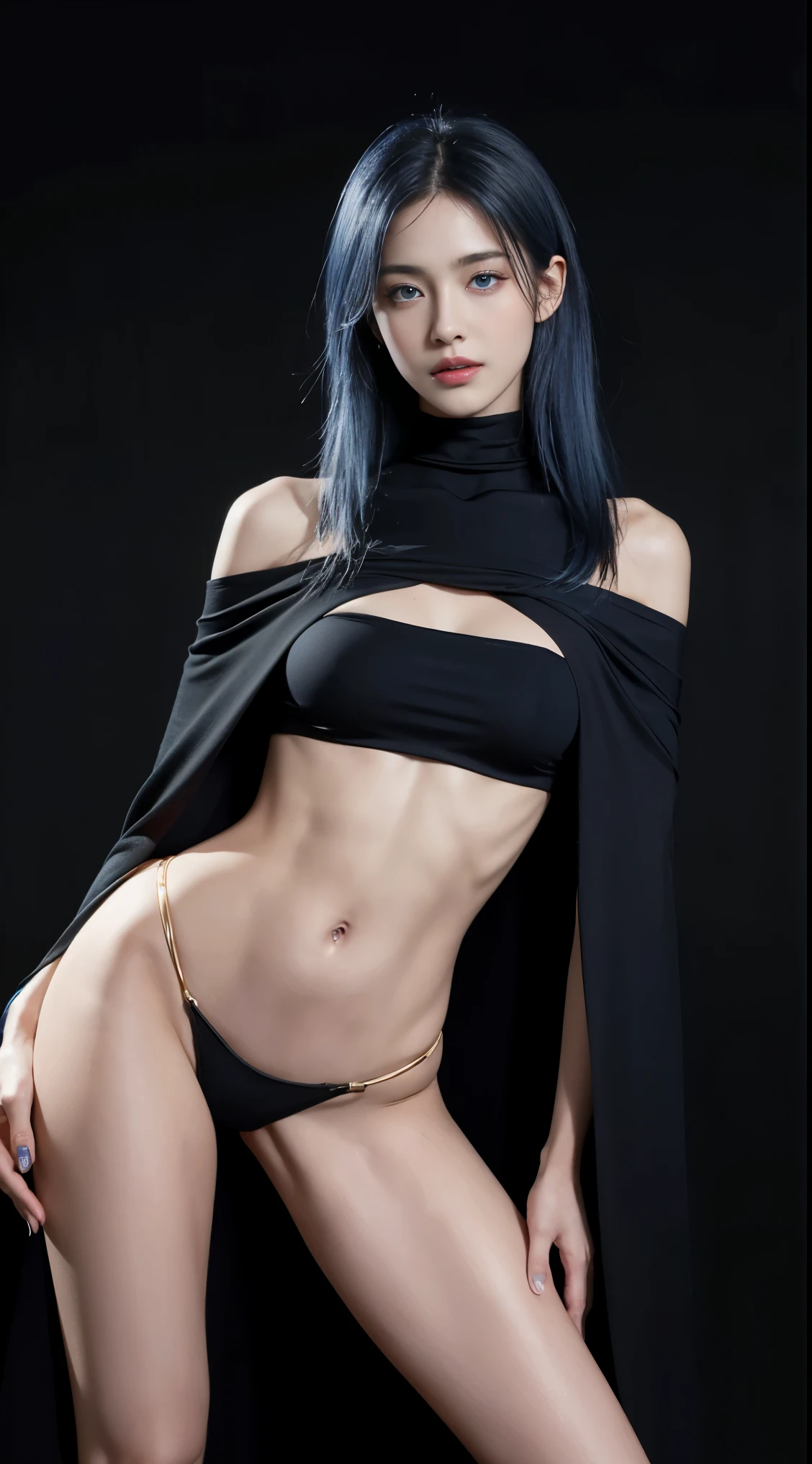 8K, Top Quality, Intricate Details, Ultra Detail, Ultra High Resolution, Masterpiece, close up shot, (full body: 1.1), Slender, Smile, (Makeup: 0.4), (Fluffy Blue Eyes: 1.21), (()), 1girl, solo, 1 girl, (()), close up shot, , ((tall)), (((fit body))), (((slim face))), sharp face, (( blue hair, )) (detailed face), sharp face, small lips, standing, , spread leg,
(( naked, black cape )), detailed face, detailed breast, , large breast, detail ass, , Beautiful girl with accentuated slender abs: 1.4, Six Pack Abs: 1.4, Bust Botox, Big, Perfect Body, detail leg, (( dark background)), black background,