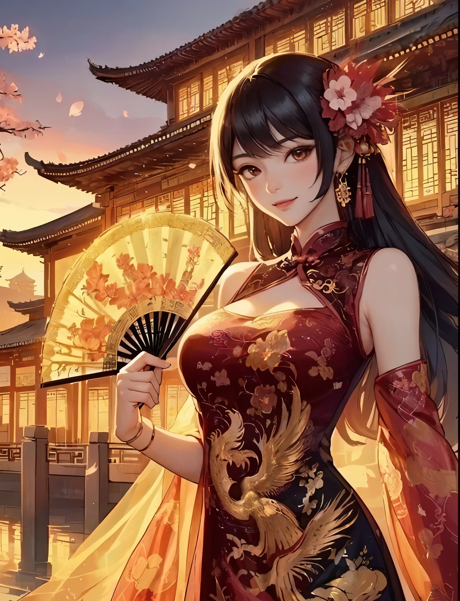 1lady solo, (vibrant cheongsam with delicate embroidery) black dress, mature female, /(black hair/) bangs, blush kind smile, (masterpiece best quality:1.2) delicate illustration ultra-detailed, large breasts BREAK (golden embroidery depicting phoenix:1.2) phoenix, (holding an ancient fan) BREAK /(traditional townscape in China/), (Chinese-style building), outdoors, petals dancing down, (at dusk), detailed background