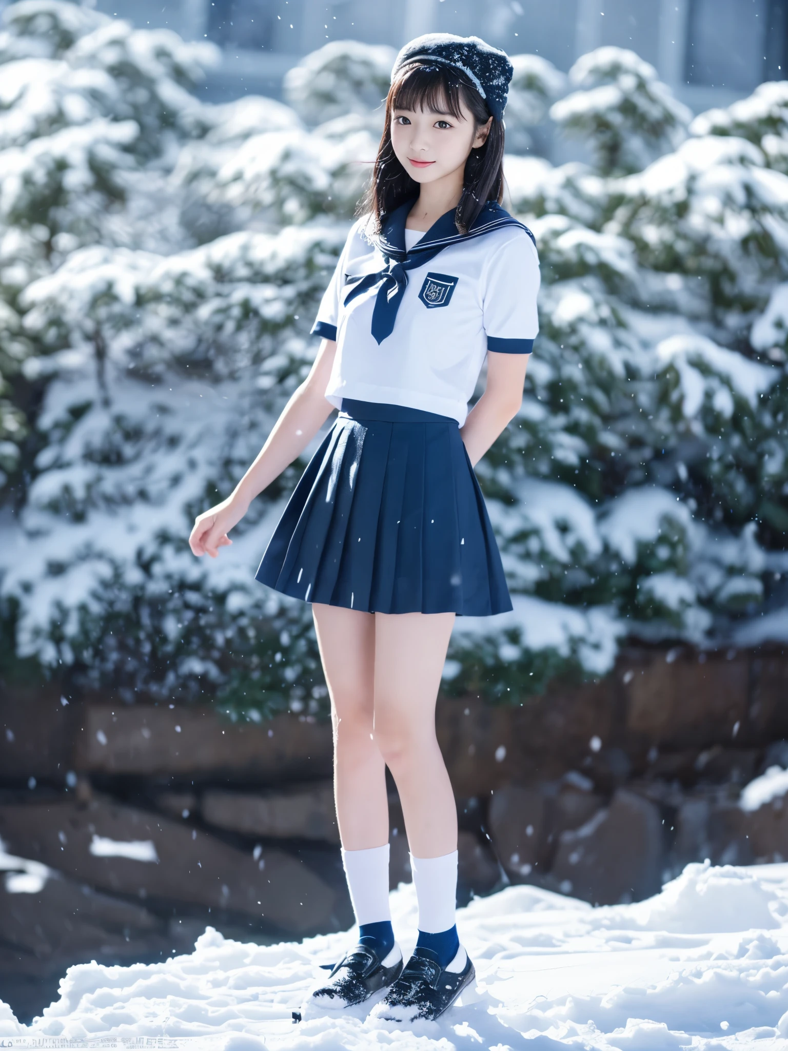 (in 8K、RAW Photos、top-quality、masterpiece:1.2), (realisitic、Photorealsitic:1.37), ultra-detailliert, high resolution, 1girl in, a closeup, Raw feet, A dark-haired, black eyes, japanese, color contact lens, (beautiful legs:1.3), (slender girl:1.4), a beauty girl, (Thin legs:1.3), a sailor suit, , high-school girl, JK, Ultra mini skirt, Dark blue pleated skirt, Short socks, Tri-fold socks, white sock, (short sleeves:1.3), (black loafers shoes:1.3), Full body, (standing:1.2), (heavy snowing:1.1), (deep snow:1.1)