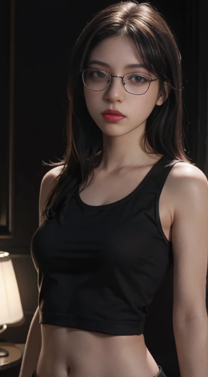 Best Quality, Masterpiece, Ultra High Resolution, (Realisticity: 1.4), Original Photo, 1girl, Cinematic Lighting, glasses, ((black tanktop))