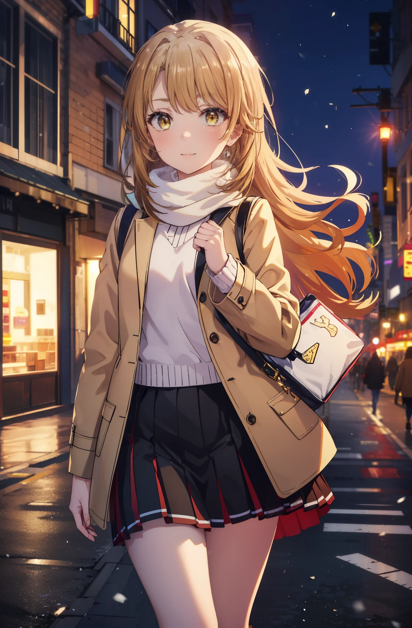 irohaisshiki, Isshiki Iroha, long hair, brown hair, (brown eyes:1.5), smile,blush,yellow long coat,sweater,red muffler,long skirt,black pantyhose,brown boots,winter,It's snowing,
break outdoors, city,building street, whole body,Destroy peeking from above (masterpiece:1.2), highest quality, High resolution, unity 8k wallpaper, (shape:0.8), (beautiful and detailed eyes:1.6), highly detailed face, perfect lighting, Very detailed CG, (perfect hands, perfect anatomy),