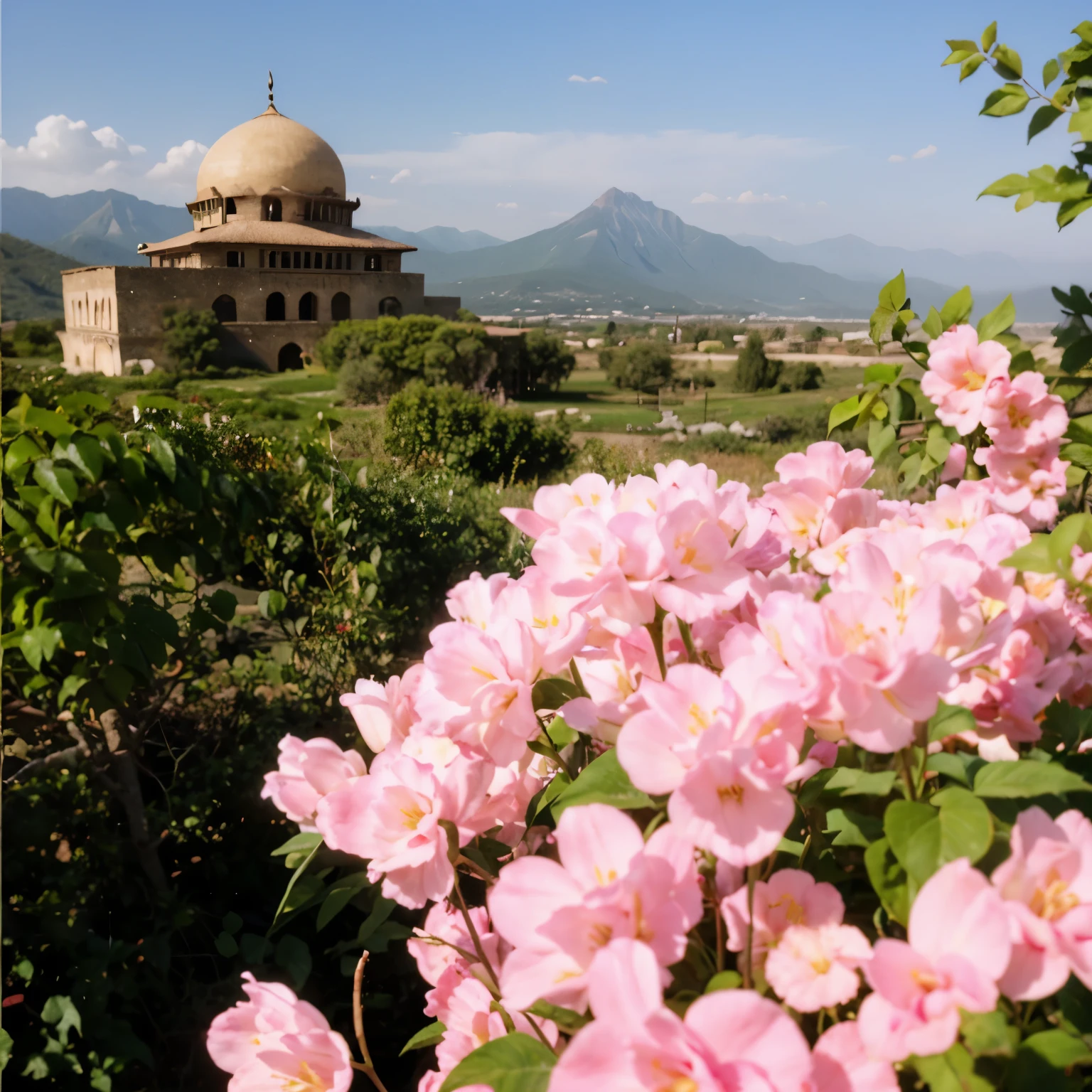 old mosque, mountains, surrounded by plants