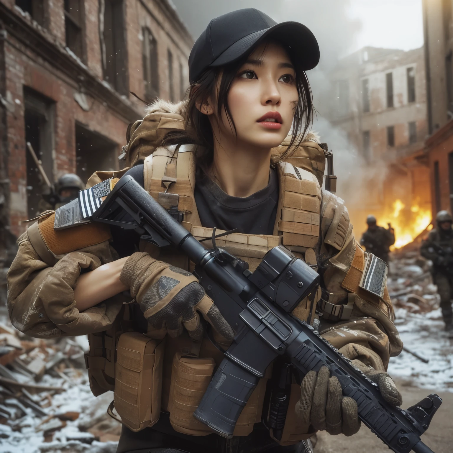 photorealistic、realistic skin texture、A beautiful Japanese woman belonging to the American military is in a city of winter rubble.、alley、old brick building、I'm on guard、Backpack、tactical puffer jacket、baseball cap、automatic rifle、bulletproof vest、It's snowing、moving action pose、muddy boots