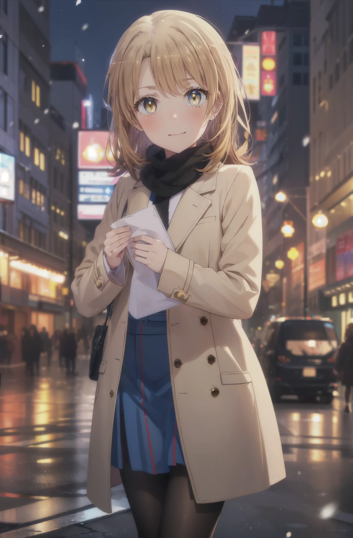 irohaisshiki, Isshiki Iroha, long hair, brown hair, (brown eyes:1.5), smile,blush,yellow long coat,sweater,red muffler,long skirt,black pantyhose,brown boots,winter,It's snowing,
break outdoors, city,building street, whole body,Destroy peeking from above (masterpiece:1.2), highest quality, High resolution, unity 8k wallpaper, (shape:0.8), (beautiful and detailed eyes:1.6), highly detailed face, perfect lighting, Very detailed CG, (perfect hands, perfect anatomy),