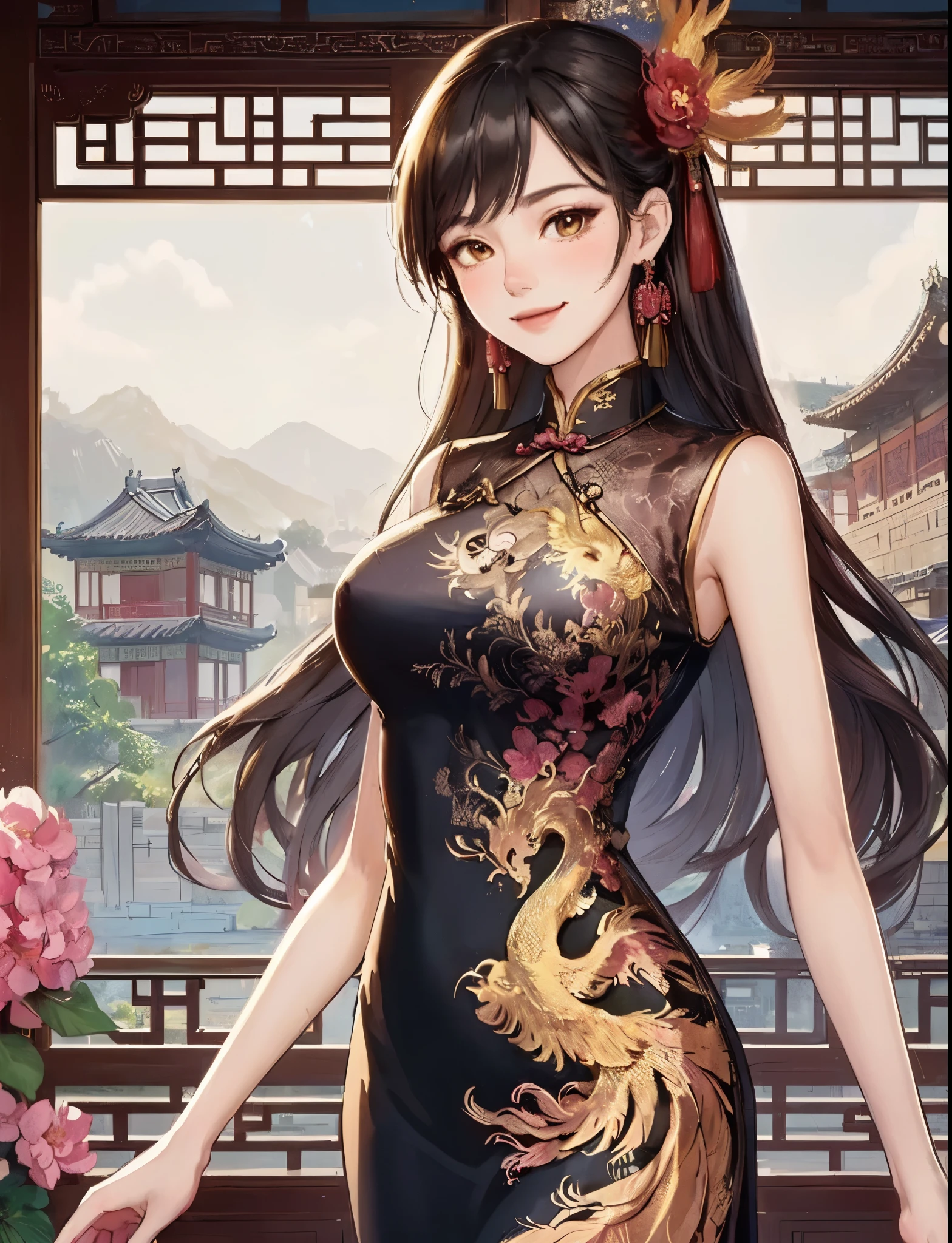 1lady solo, (vibrant cheongsam with delicate embroidery) black dress, mature female, /(black hair/) bangs, blush kind smile, (masterpiece best quality:1.2) delicate illustration ultra-detailed, large breasts BREAK (golden embroidery depicting phoenix:1.2) phoenix BREAK /(traditional townscape in China/), (Chinese-style building), indoors, detailed background