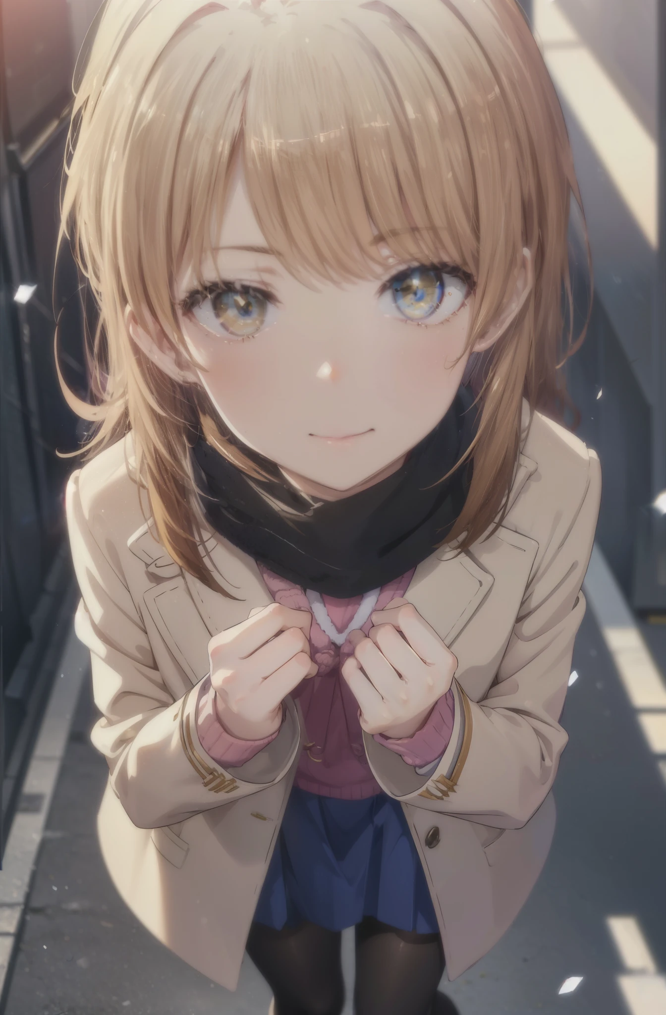 irohaisshiki, Isshiki Iroha, long hair, brown hair, (brown eyes:1.5), smile,blush,yellow long coat,sweater,red muffler,long skirt,black pantyhose,brown boots,winter,It's snowing,
break outdoors, city,building street, whole body,Destroy peeking from above (masterpiece:1.2), highest quality, High resolution, unity 8k wallpaper, (shape:0.8), (beautiful and detailed eyes:1.6), highly detailed face, perfect lighting, Very detailed CG, (perfect hands, perfect anatomy),