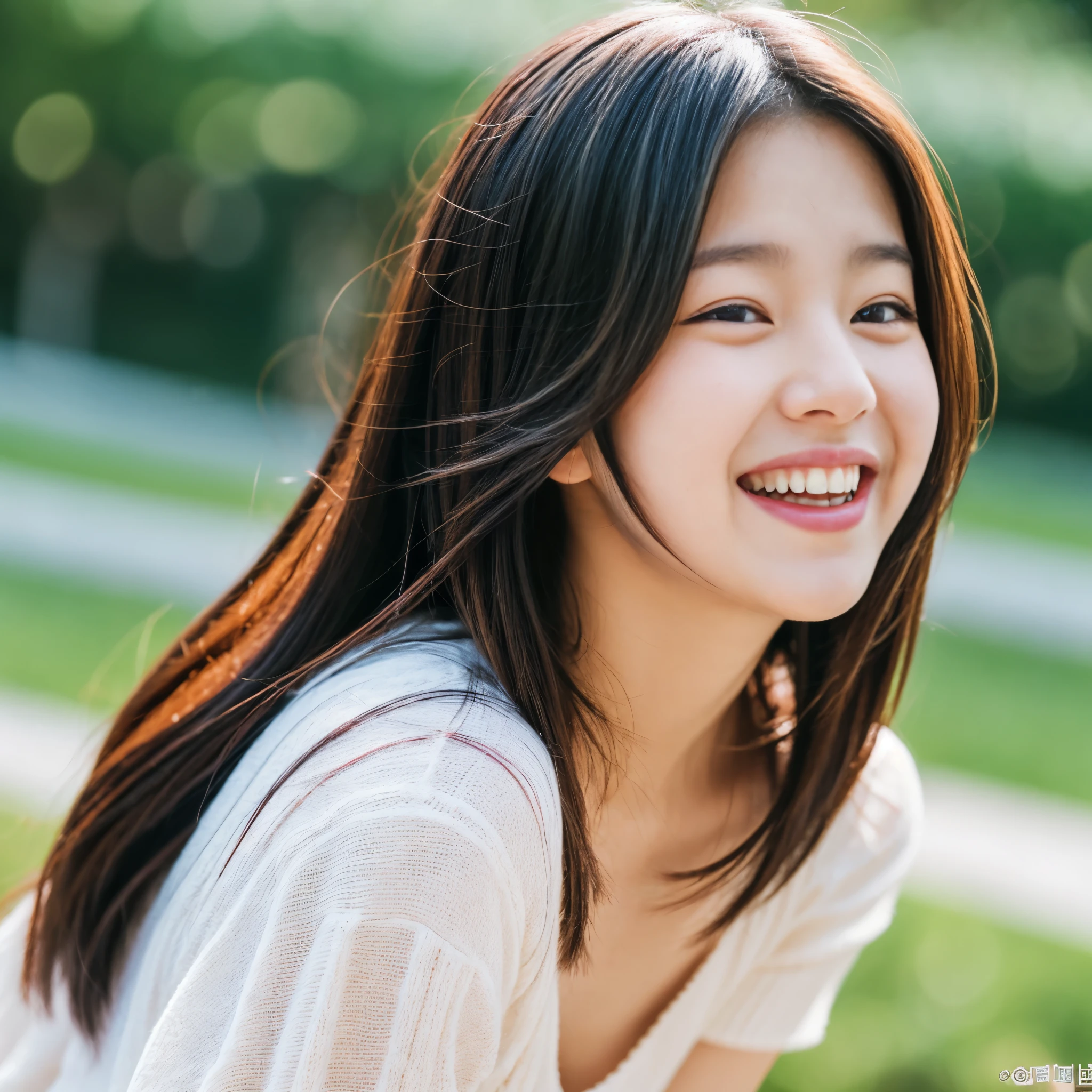 1 woman、18-year-old、masterpiece、highest quality、super detailed、born、Japanese、like a korean idol、(small face:1.4)、eyeliner、laughter、(Curvaceous:1.4)、dynamic pose、Wind、Slow motion、blur the background
