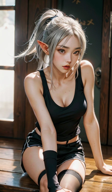 (Extremely normal body)Japanese-style town:1 Elf beauty,(Elf long ears),Short silver-white hair,Half-tied ponytail。Uniform for female high school students),(black tank top),Stretch your feet,Black short stockings,Black socks, Black socks,Translucent black socks,Jade foot , very detailed eyes and faces, Sharp pupils, realistic pupil, tack sharp focus,full bodyesbian,Bigboobs,long leges,dynamicposes,Normal posture,closeup of face