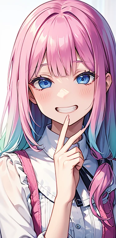 Realistic、1girl、fluorescence　pink hair、blue eyes、(eye focus:1.3,face focus:1.3,upper body:1.5),(gradient eyes:1.3),(blouse)、smiley face,open mouth,(grin:1.3),blunt bangs、cute face,portrait,