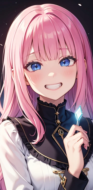 Realistic、1girl、fluorescence pink hair、blue eyes、(eye focus:1.3,face focus:1.3,upper body:1.5),(gradient eyes:1.3),(blouse)、smiley face,open mouth,(grin:1.3),blunt bangs、cute face,portrait,