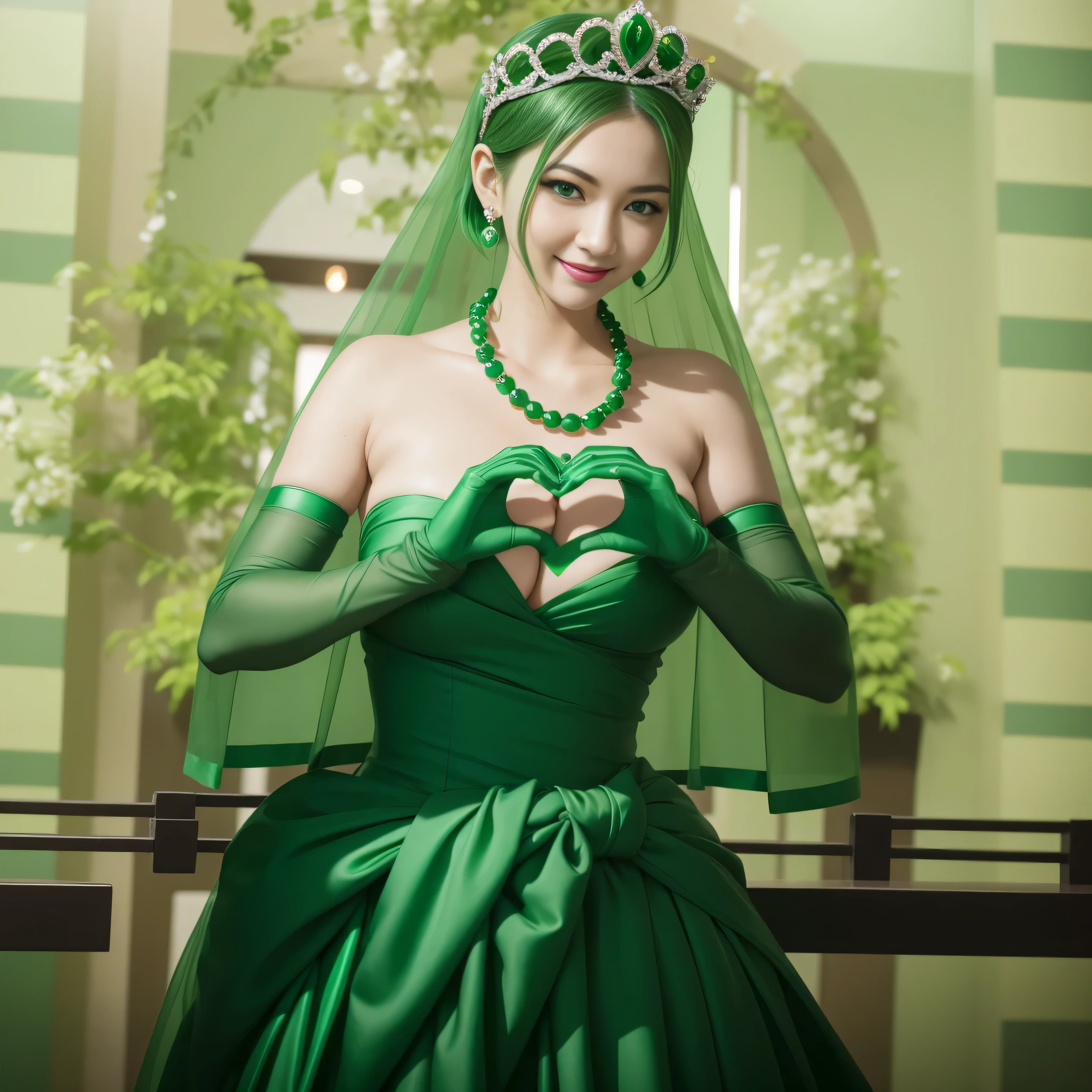 emerald tiara, green pearl necklace, ボーイッシュな非常に短いgreen hair, lipstick, smiling Japanese woman, very short hair,  Beauty with large breasts, green eyes, Long Green Satin Gloves, green eyes, emerald earrings, green veil, heart with both hands, green hair, beautiful japanese woman, heart shaped hands:1.3, green lip gloss