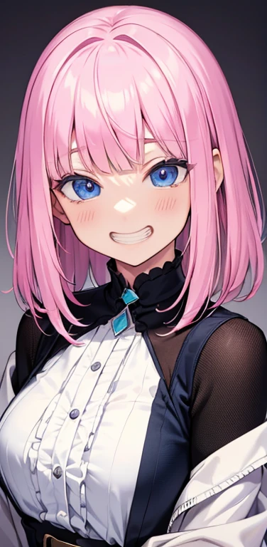 Realistic、1girl、fluorescence　pink hair、blue eyes、(eye focus:1.3,face focus:1.3,upper body:1.5),(gradient eyes:1.3),(blouse)、smiley face,open mouth,(grin:1.3),blunt bangs、cute face,portrait,