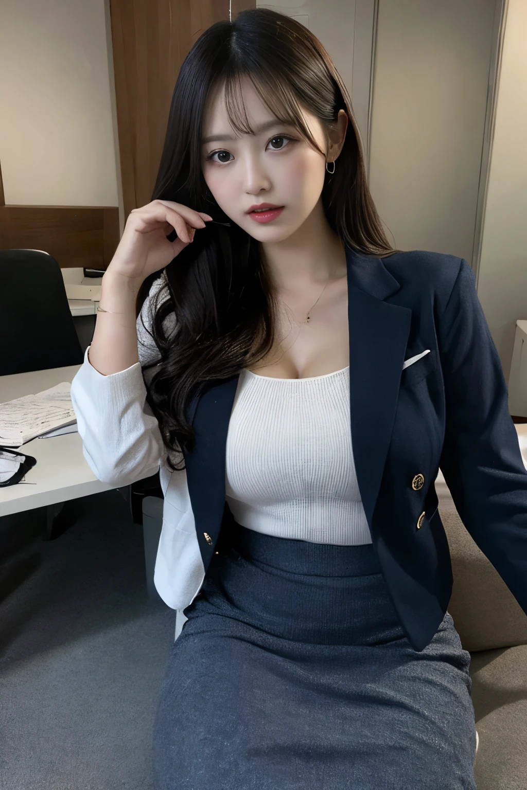 big breasts:1.0,white dress shirt, dark blue jacket,Maxi skirt,Sitting on a chair in the office,