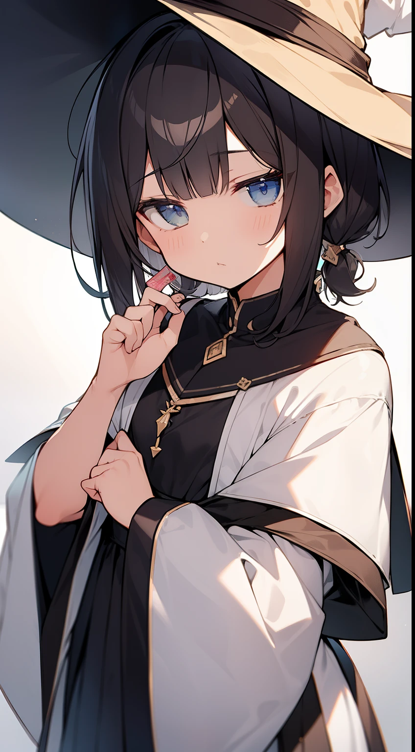 Jitome、Brown hair、cute little、Straight face、witch's hat、robe、masterpiece、top-quality、Top image quality、((((Only the transverse hair is long))))、short-hair