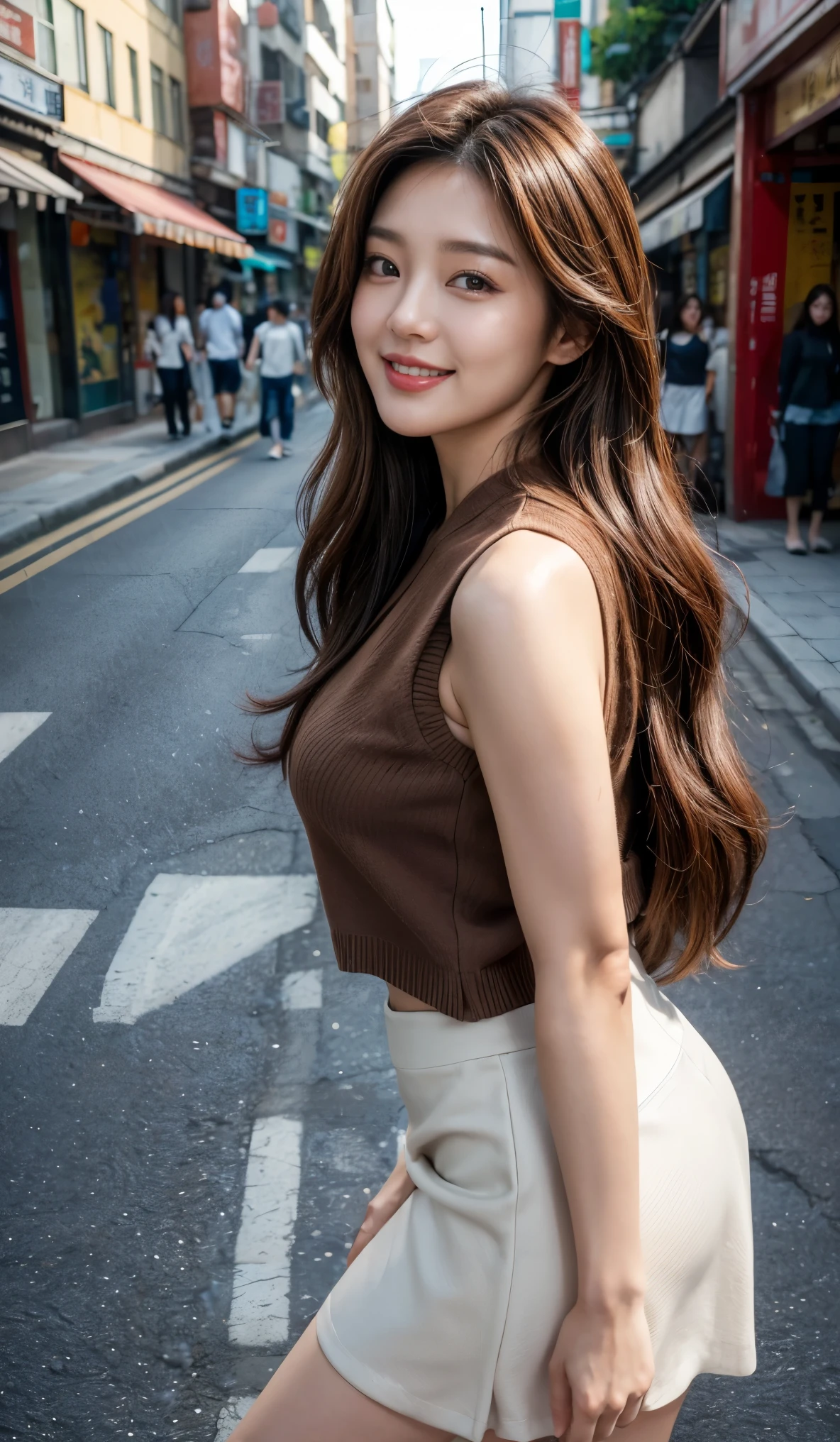 best quality,8k, Detailed facial depictions, Detailed eye description, Brown hair(long wavyhair),two beautiful Korean women (dont use the same face), 40 years old, slim body, medium breast , wear vest and mini skirt ,open claveage, they joke and laugh on the streets of many people in Itaewon Korea , long shot