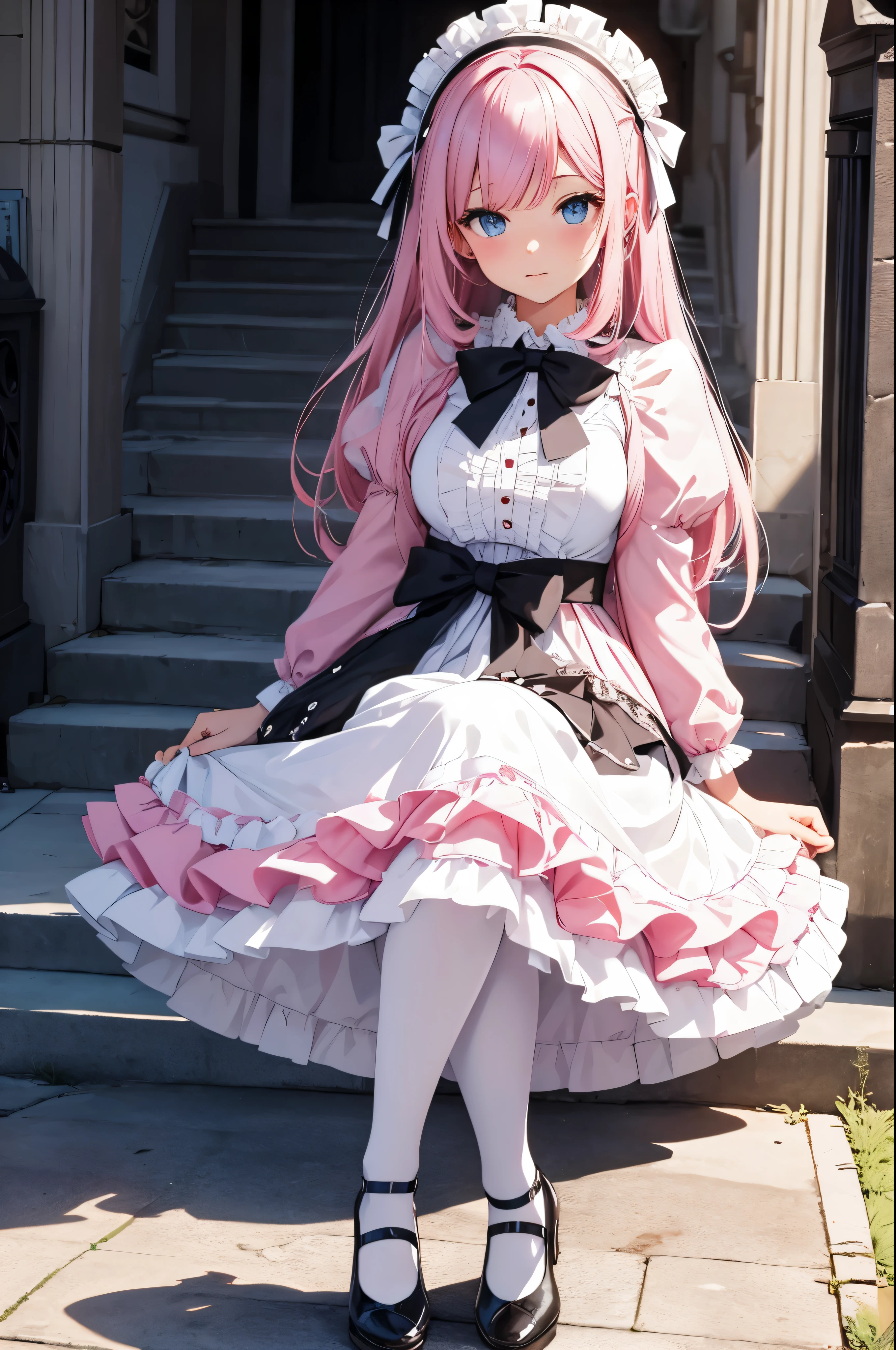 pink hair,blue_Eye,white pantyhose,mary_Janes,hairpin,Cross necklace,Gothic_ta,