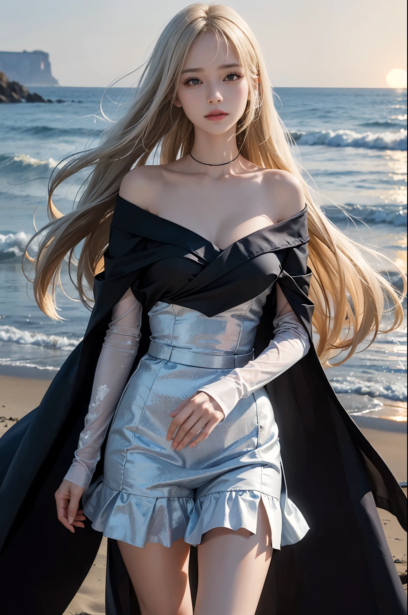 1 girl, blonde hair, gray hair, long hair, bangs, sparkling eyes, long eyelashes, pupils shine, compensate, smile, Depth of bounds written, from below, silhouette, from behind, wide shot, f/1.4, 135mm, canon, nffsw, retina, Accurate, anatomically correct, rough skin, Super detailed, advanced details, high quality, 最high quality, High resolution, 8K, (Woman walking on the beach at sunset), 逆光のsilhouette, (see-through red dress), ((光を通して体のsilhouetteが見える)), (hair blowing in the wind), (Skirt soars in the wind)