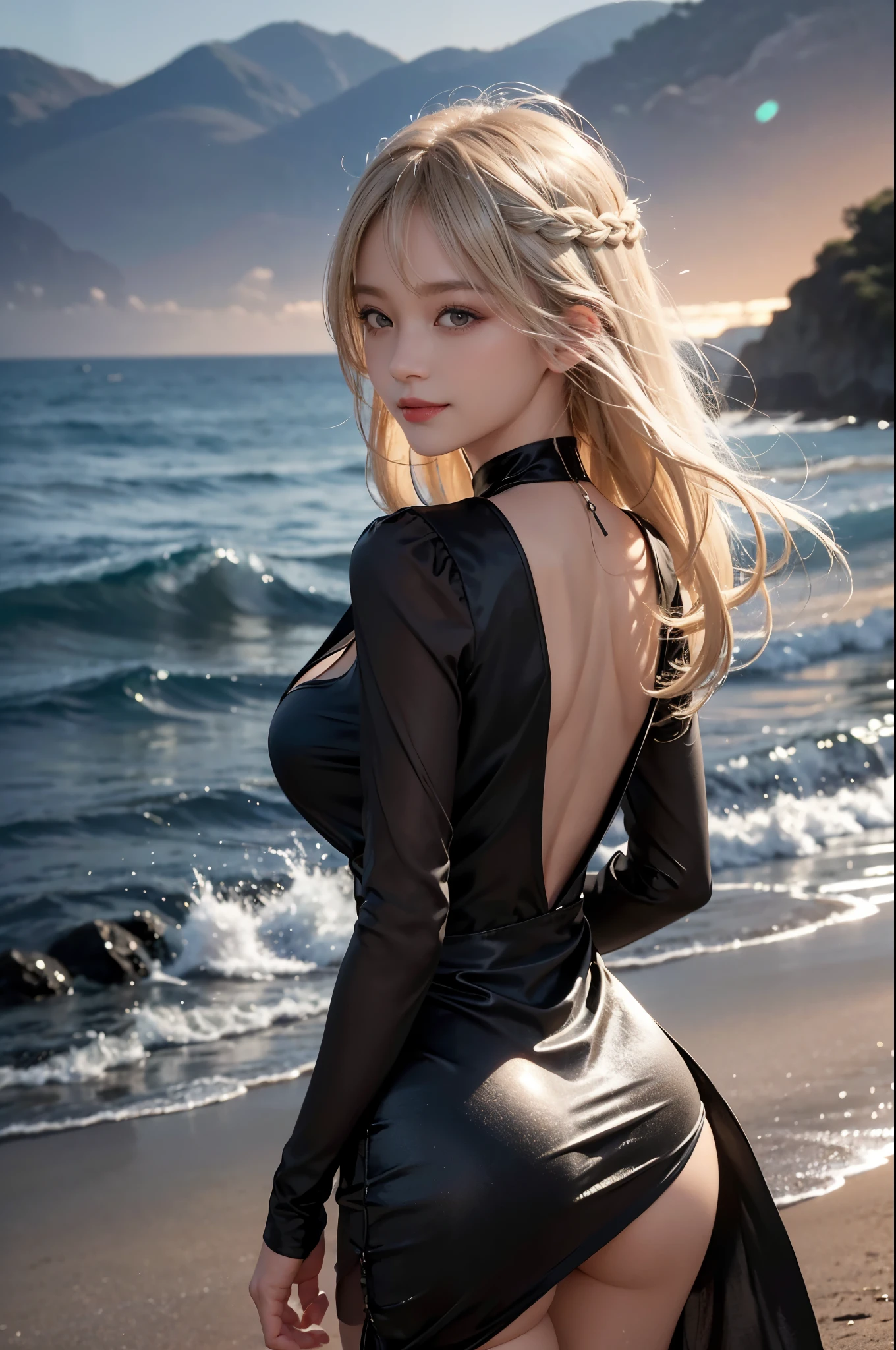 1 girl, blonde hair, gray hair, long hair, bangs, sparkling eyes, long eyelashes, pupils shine, compensate, smile, Depth of bounds written, from below, silhouette, from behind, wide shot, f/1.4, 135mm, canon, nffsw, retina, Accurate, anatomically correct, rough skin, Super detailed, advanced details, high quality, 最high quality, High resolution, 8K, (Woman walking on the beach at sunset), 逆光のsilhouette, (see-through black dress), ((光を通して体のsilhouetteが見える)), (hair blowing in the wind), (Skirt soars in the wind)