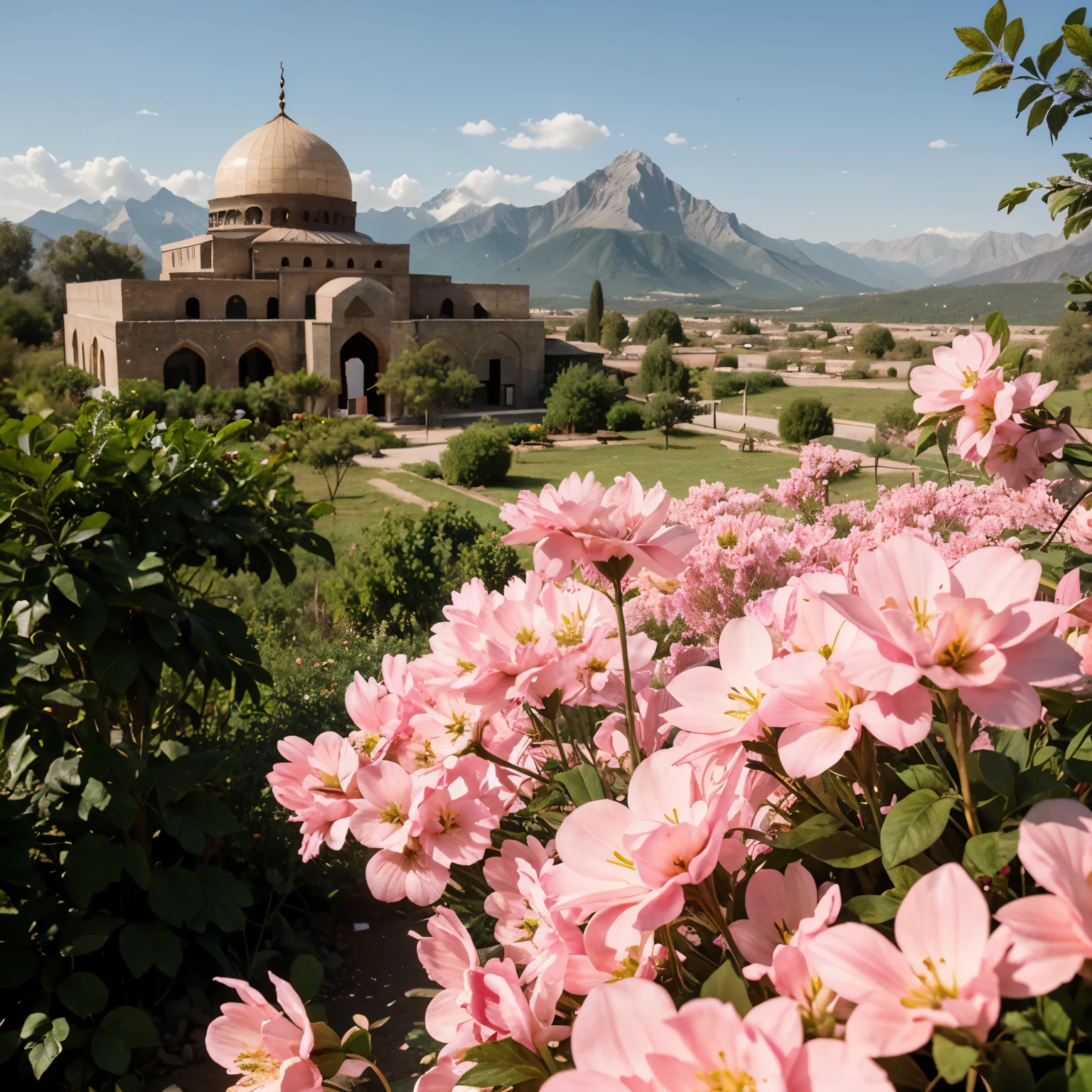 old mosque, mountains, surrounded by plants