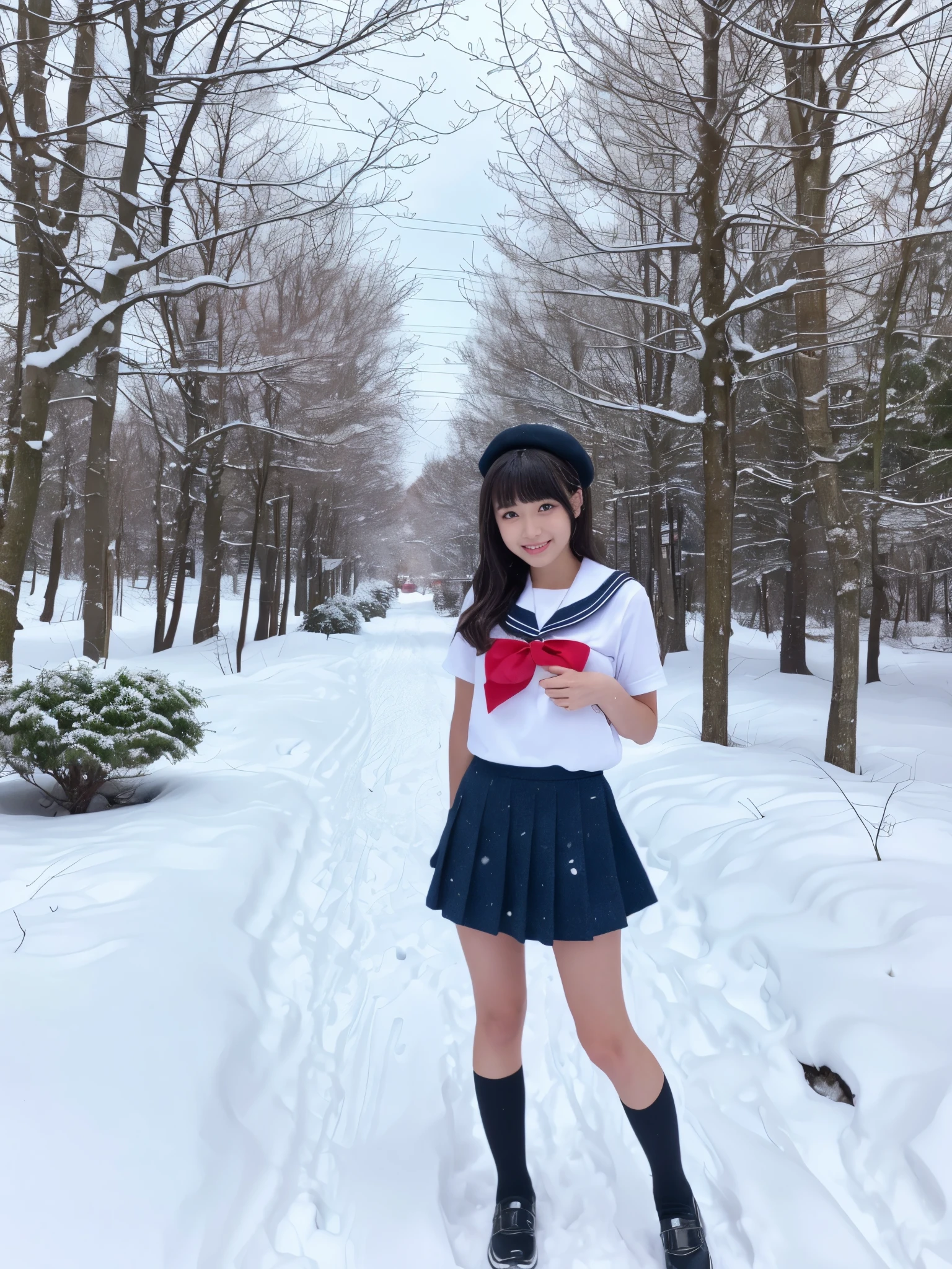 (in 8K、RAW Photos、top-quality、masterpiece:1.2), (realisitic、Photorealsitic:1.37), ultra-detailliert, high resolution, 1girl in, a closeup, Raw feet, A dark-haired, black eyes, japanese, color contact lens, (beautiful legs:1.3), (slender girl:1.4), a beauty girl, (Thin legs:1.3), a sailor suit, , high-school girl, JK, Ultra mini skirt, Dark blue pleated skirt, Short socks, Tri-fold socks, white sock, (short sleeves:1.3), (black loafers shoes:1.3), Full body, (standing:1.2), (heavy snowing:1.1), (deep snow:1.1),(dark_skin:1.4),(tanned_skin:1.4)